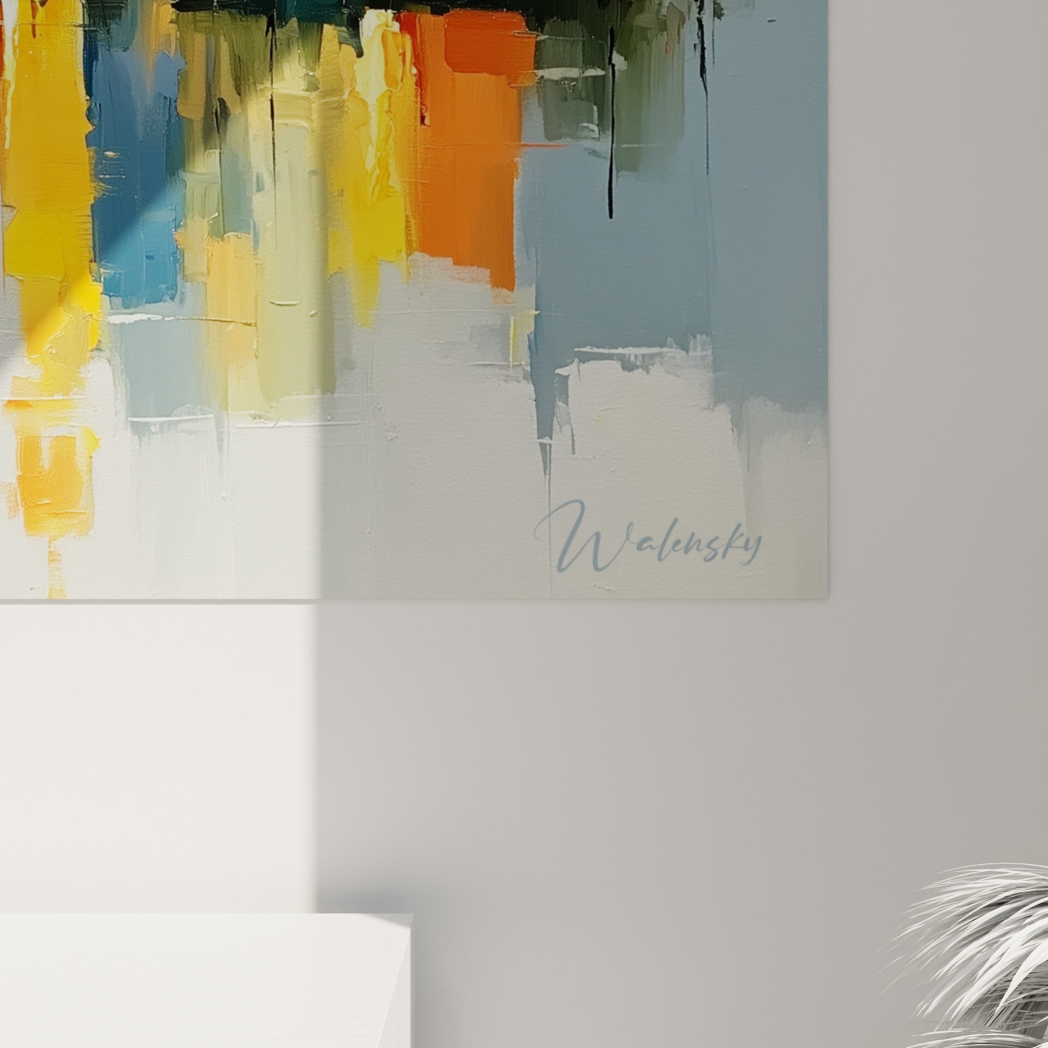 Empâtements orange et bleu marine texturés au couteau, coulures dorées se mêlant dans les reflets aquatiques