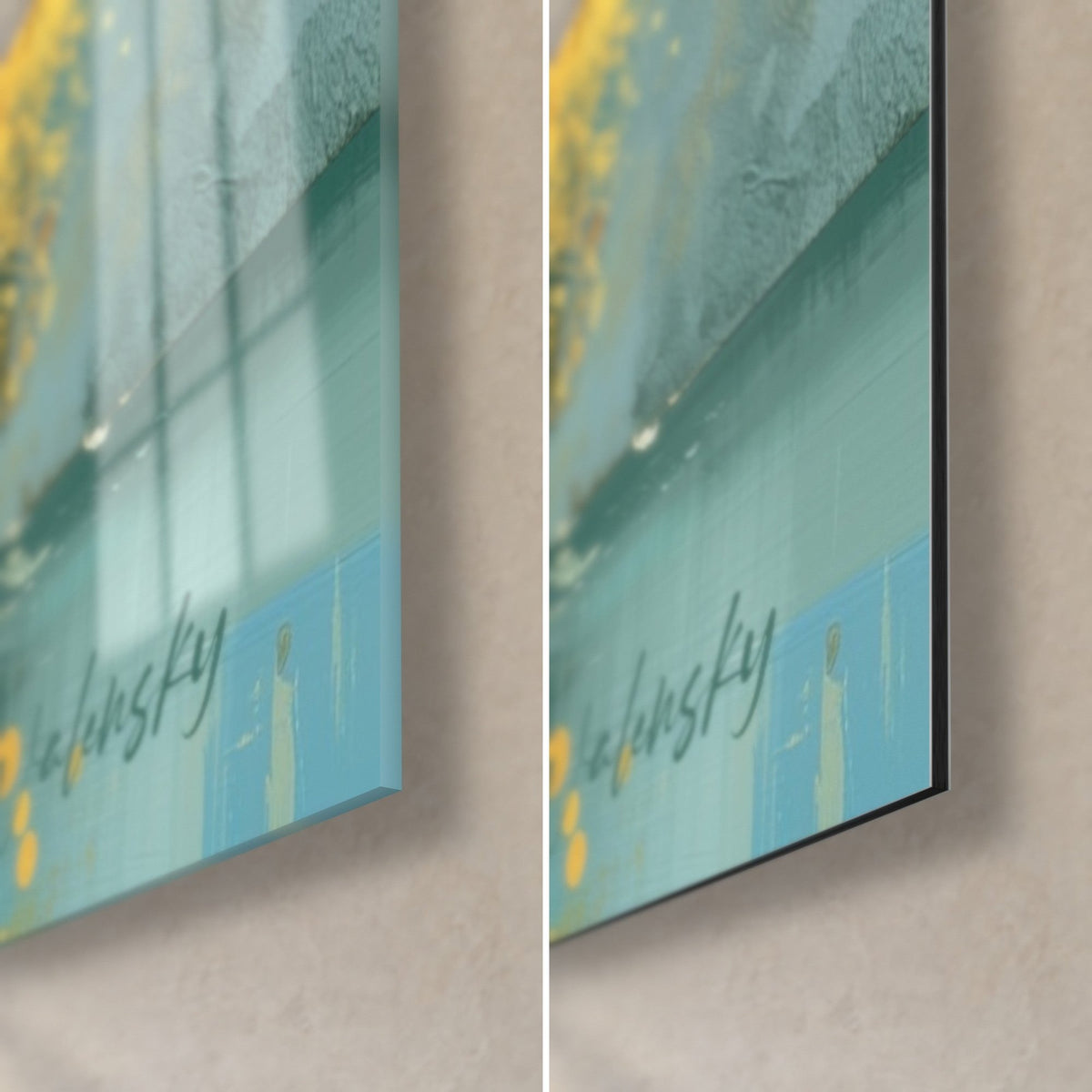 Tableau tours bleu sarcelle semées de gouttes dorées, coin bas droit : verre acrylique brillant à gauche, alu Dibond mat noir à droite