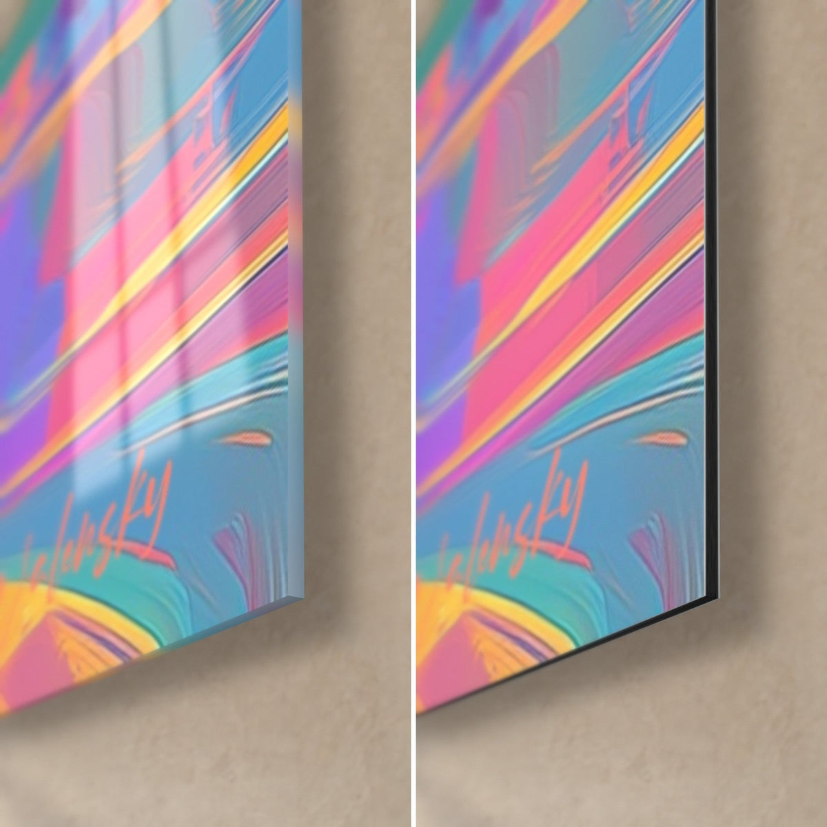 Schilderij abstracte architectuur in turquoise blauwe en roze penseelstreken, rechtsonder: glanzend glas links, mat Dibond rechts