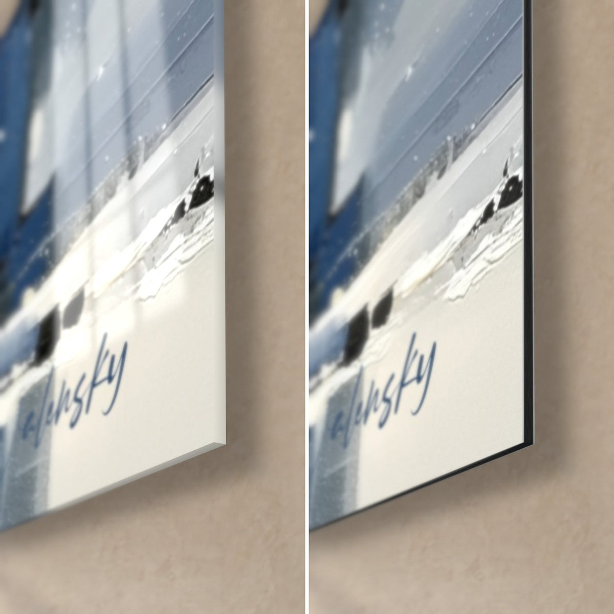 Tableau ville abstraite en bleu et noir, coin bas droit en verre brillant à gauche, alu Dibond mat à droite, tranche 3 mm