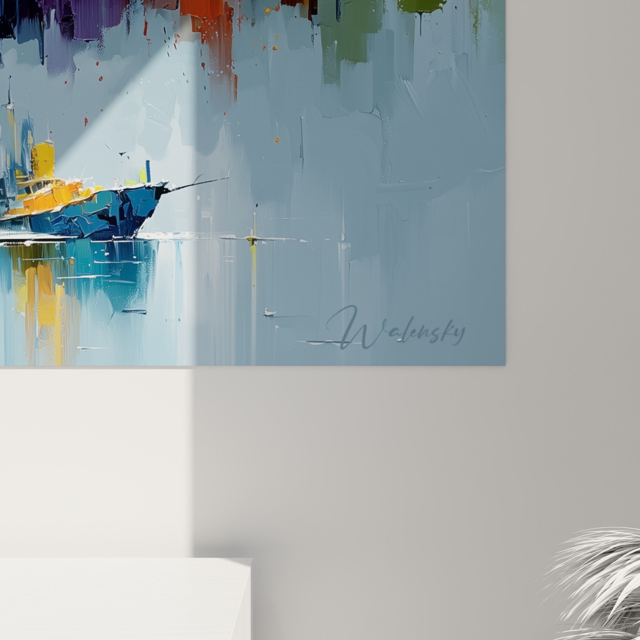 Matière épaisse et empâtements colorés d'un tableau architecture abstrait, bleu marine et doré se mêlant