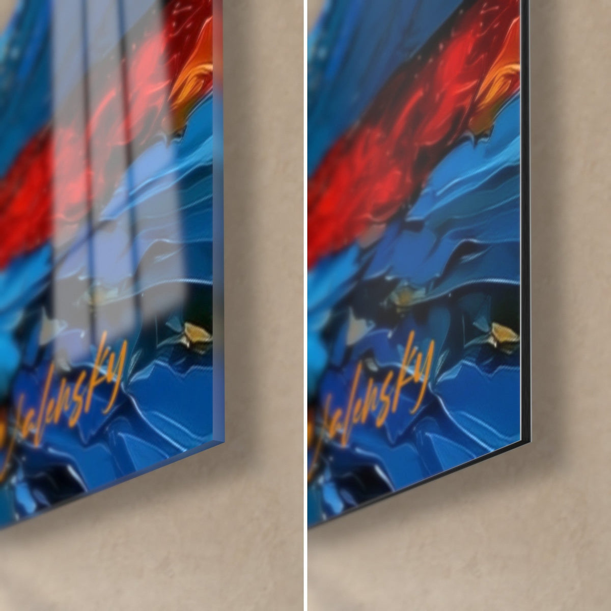 Tableau tourbillon de peinture bleu profond et rouge vermillon, coin bas droit, verre acrylique brillant à gauche, Dibond mat à droite