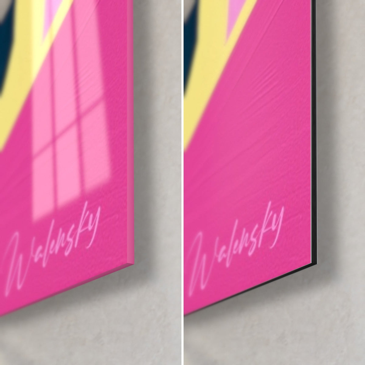 Tableau façade rose fuchsia aux coups de pinceau marqués, coin bas droit en verre brillant et en alu Dibond mat, tranche de 3 mm