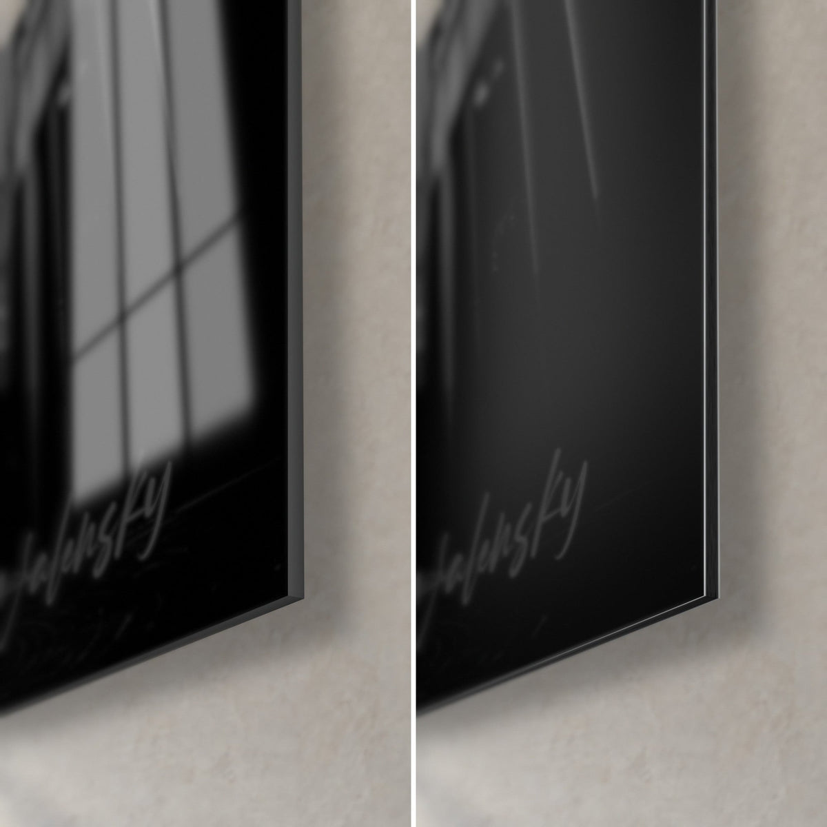 Tableau skyline urbaine en noir et blanc, coin bas droit, verre acrylique brillant à reflets et alu Dibond mat gris anthracite, tranche fine de 3 mm