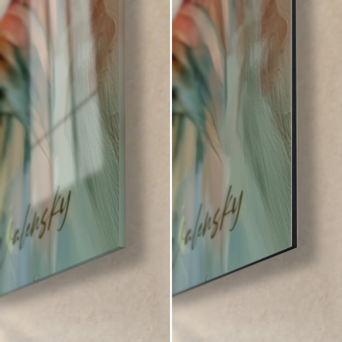 Tableau bâtiment aux voiles orange et bleu sarcelle, coin bas droit : verre acrylique brillant à reflets et Dibond mat, tranche 3 mm