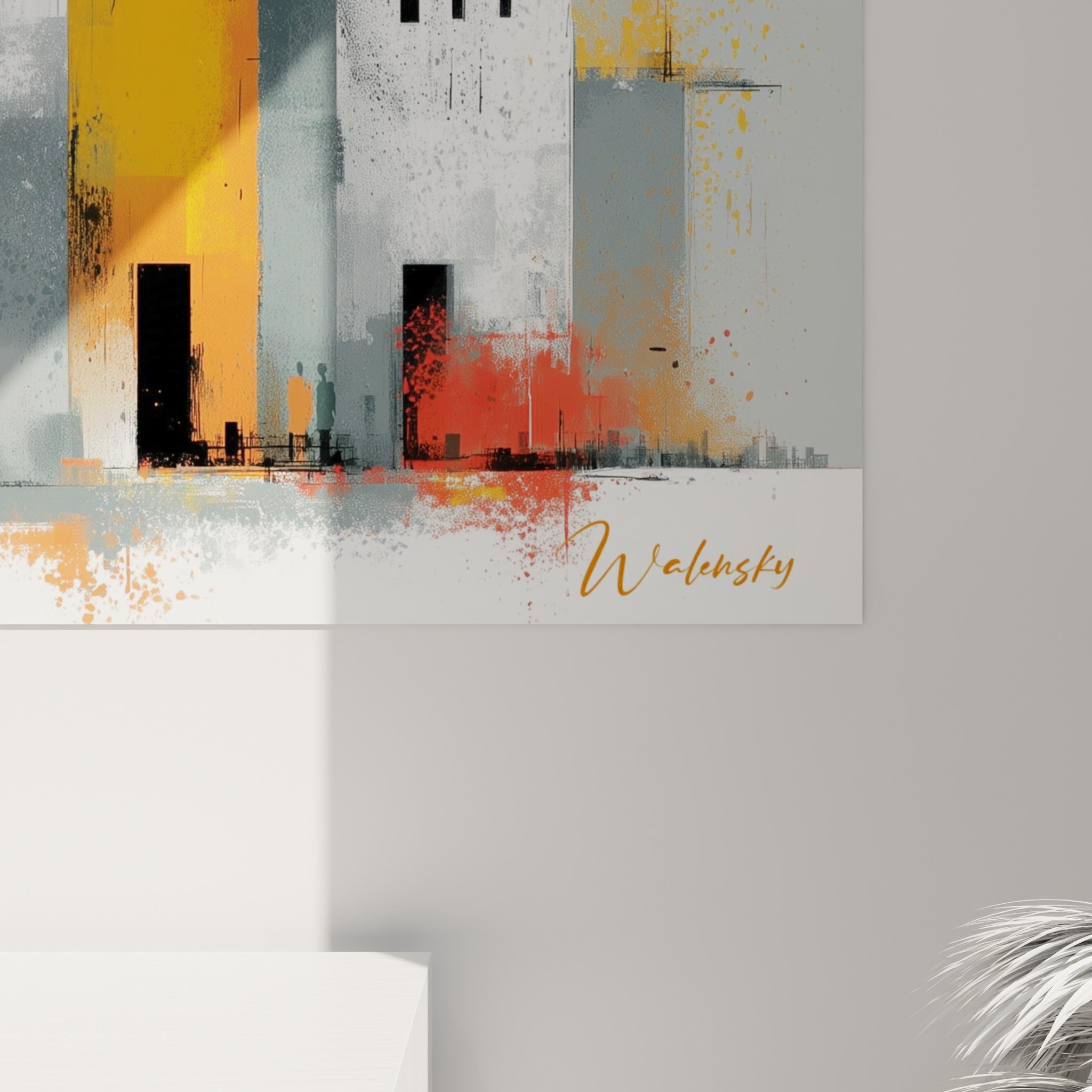 Empâtements orange et gris du tableau architecture abstrait révélant coulures et grain de peinture