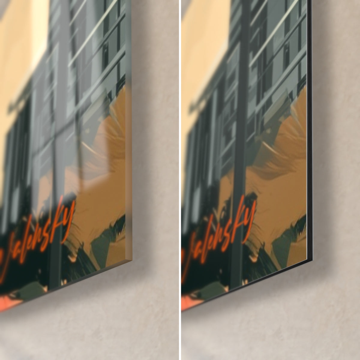 Wall art multi-storey orange building, bottom right corner, glossy acrylic glass on the left, matte Dibond aluminium on the right, 3 mm edge