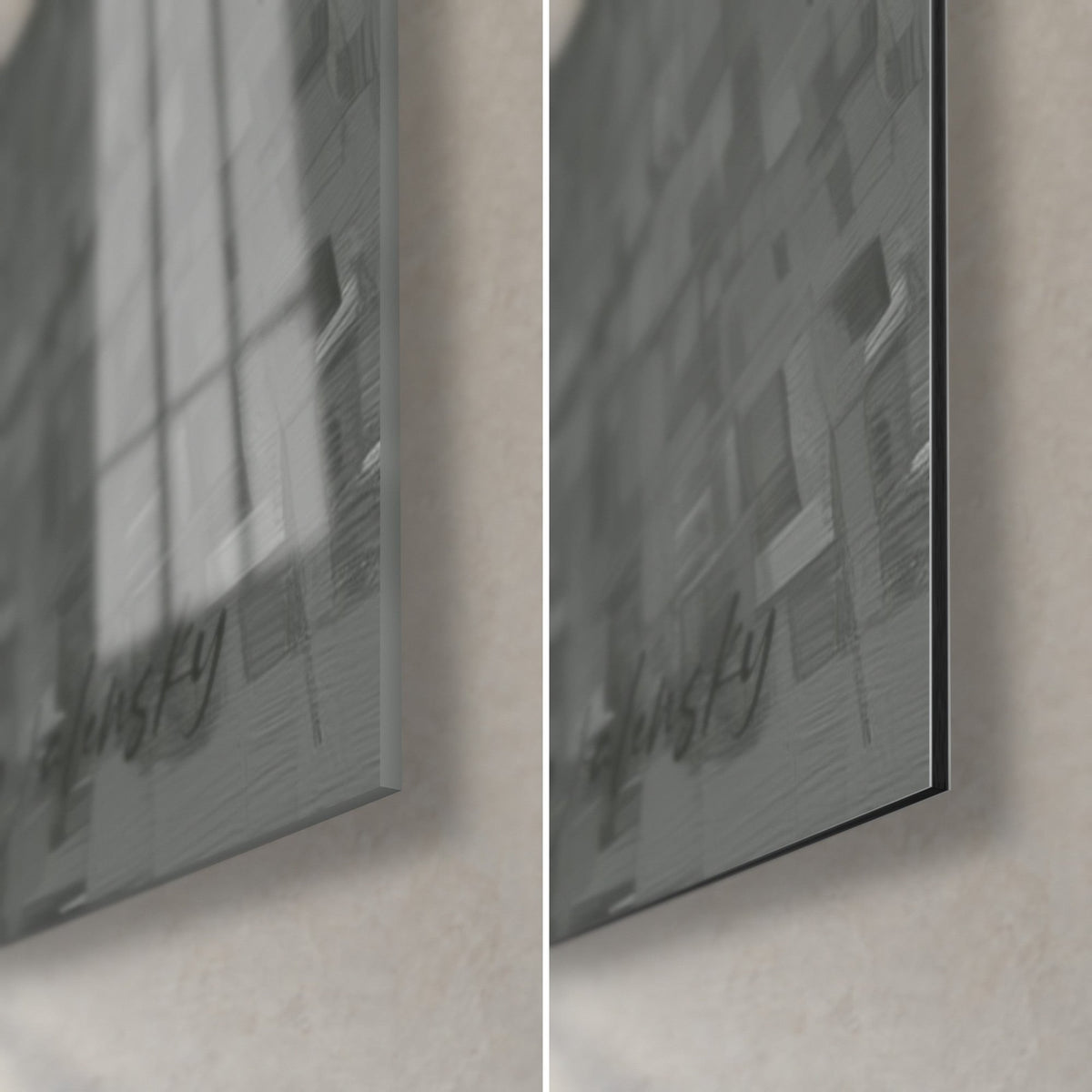 Gemälde dunkle Hochhäuser mit leuchtenden Fenstern, untere rechte Ecke: glänzendes Acrylglas links, mattgraues Dibond rechts