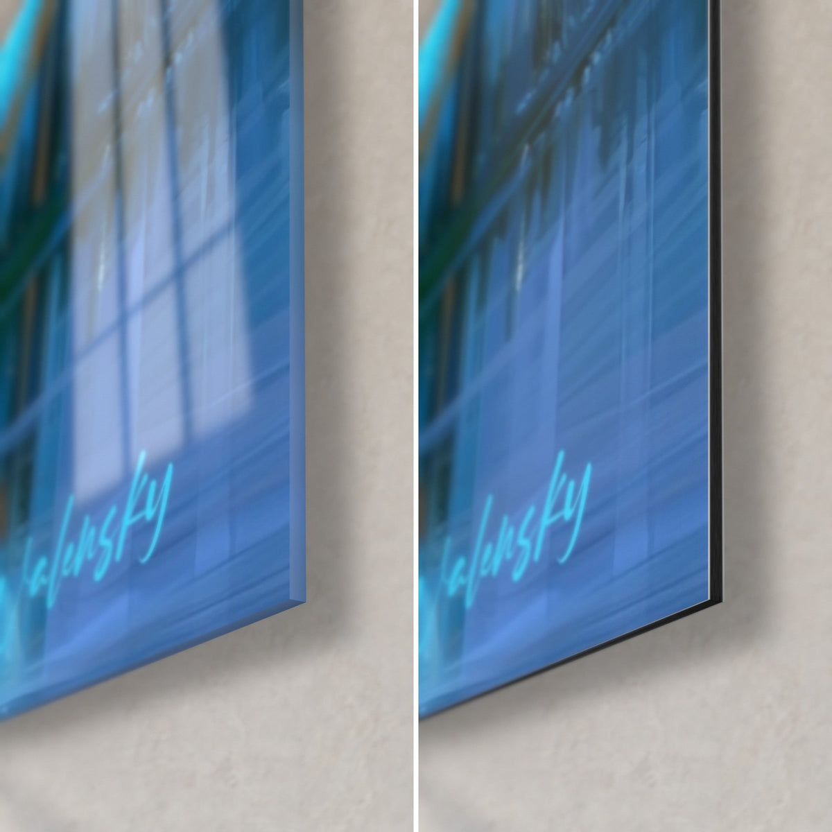 Tableau skyline reflétée dans l'eau, signature Walensky turquoise, coin bas droit en verre brillant et Dibond noir mat
