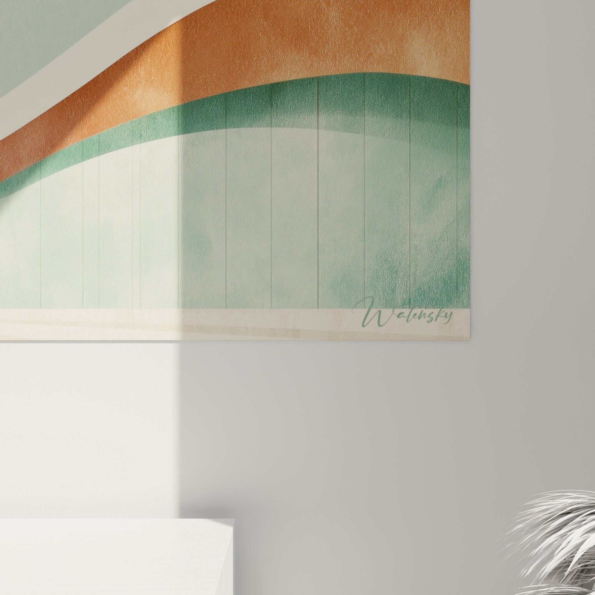 Grain texturé et bande crème sinueuse séparant le vert sauge du terracotta sur cette toile