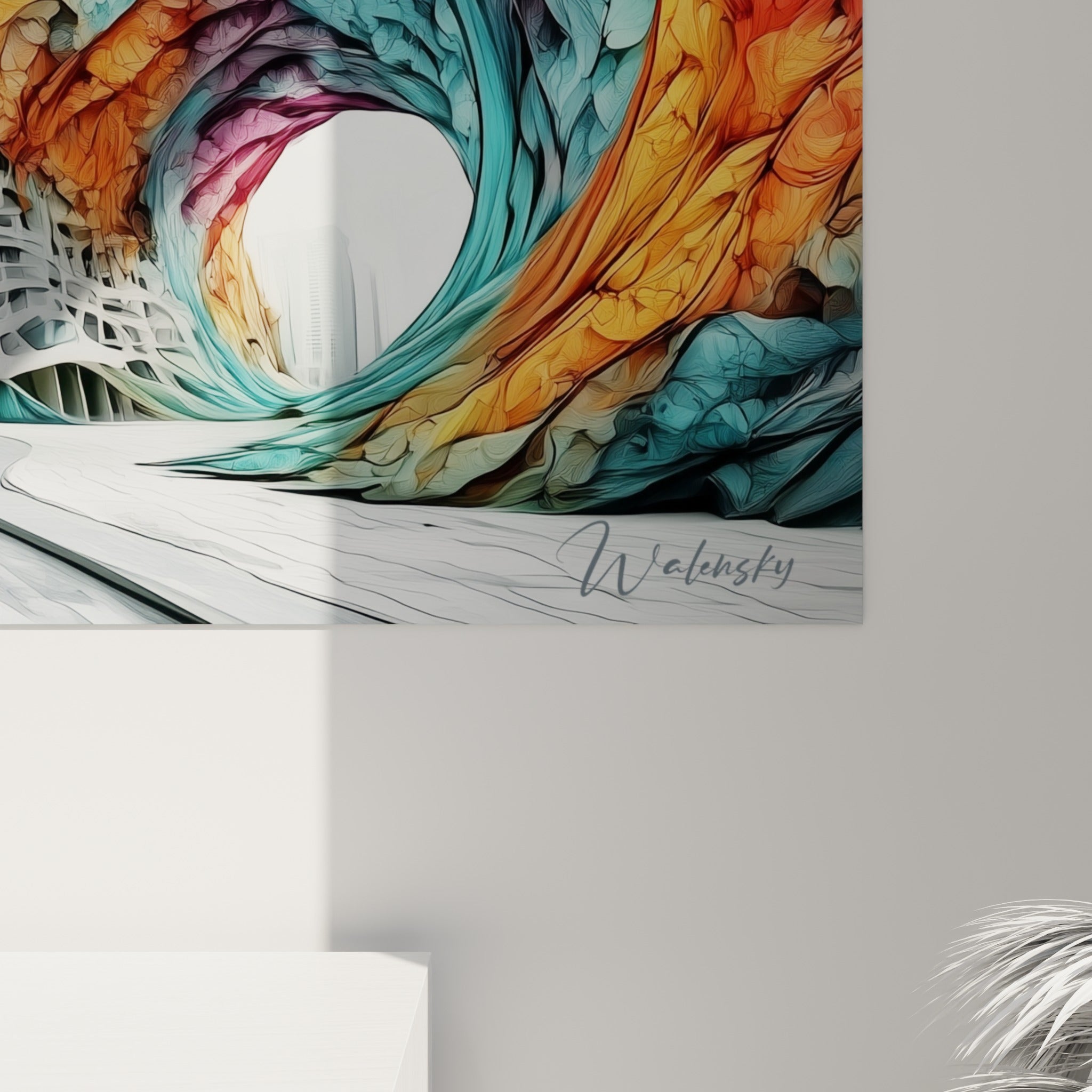 Détail des veinures colorées corail et turquoise du tunnel peint, matière texturée et empâtements visibles