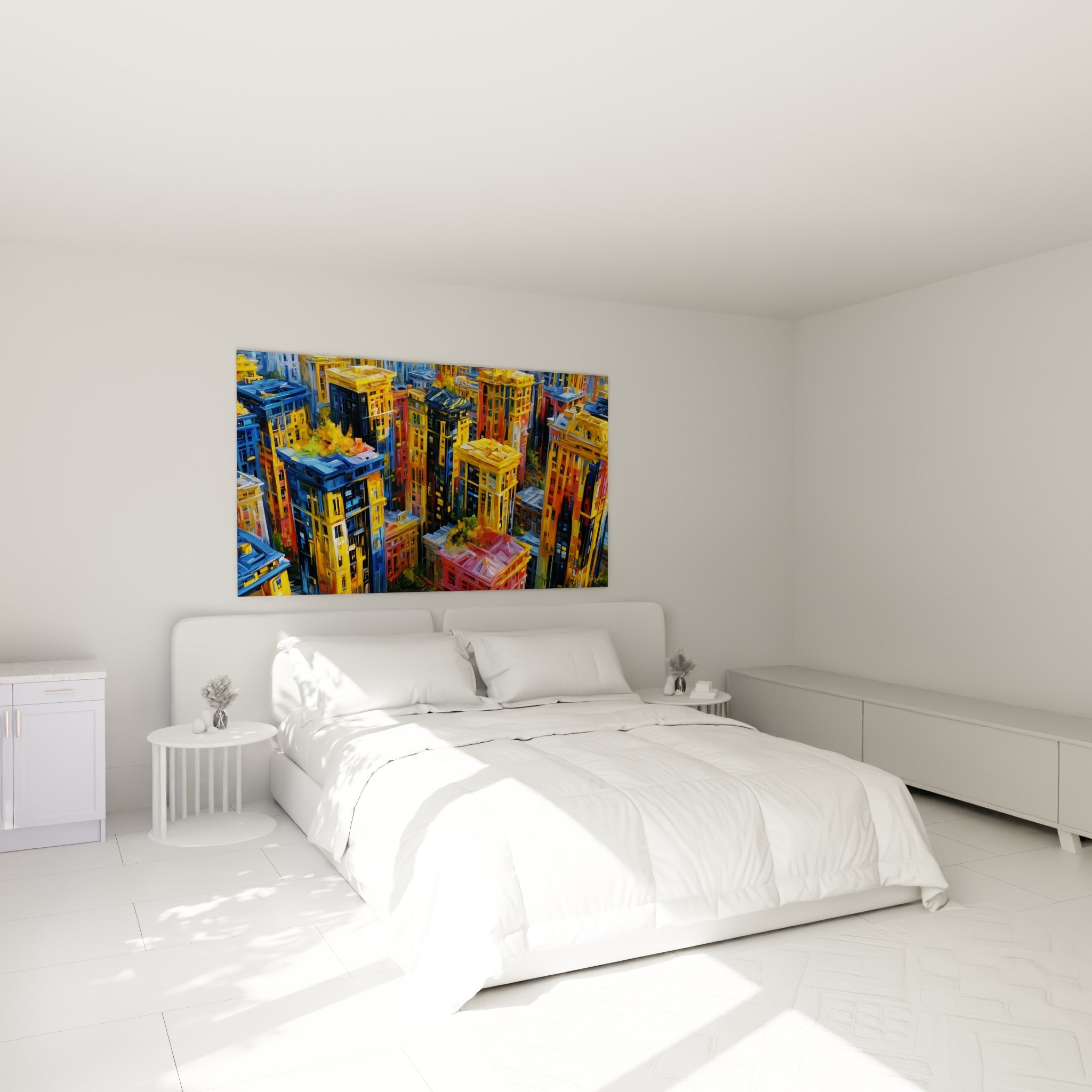 Immeubles colorés en doré et bleu marine accrochés au-dessus d'un lit dans une chambre claire