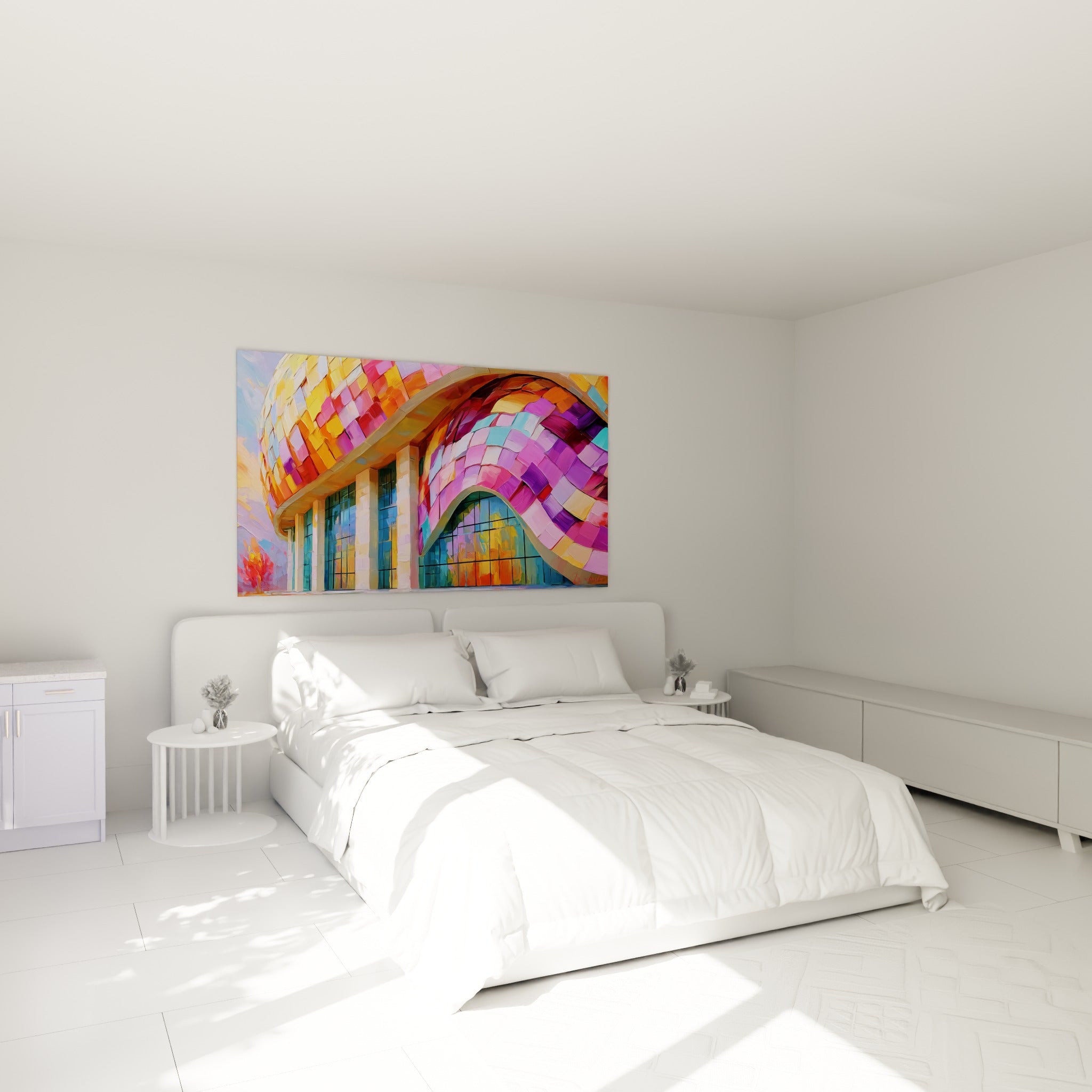Toiture incurvée rose et turquoise du tableau architecture abstrait, au-dessus d'un lit dans une chambre claire