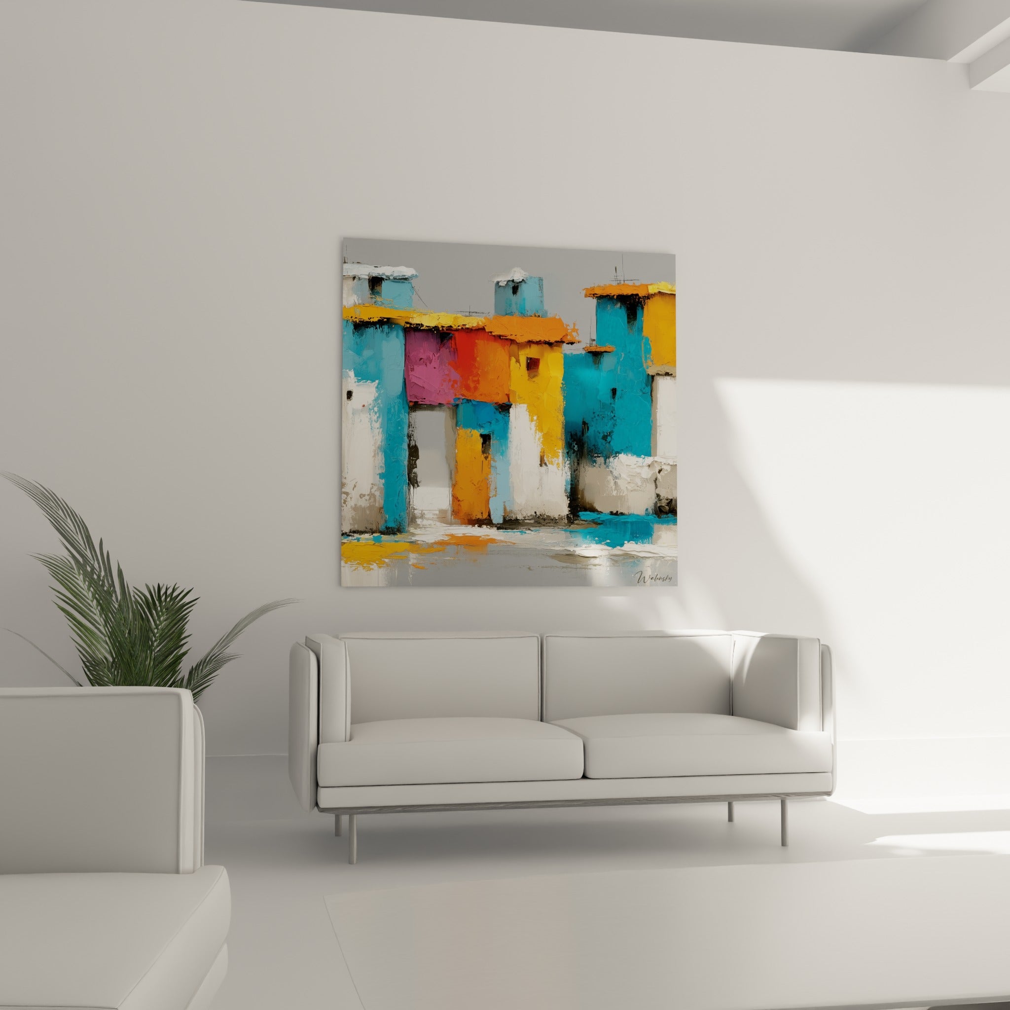 Bâtisses stylisées jaune moutarde et rose fuchsia de ce tableau, au-dessus d'un canapé dans un salon lumineux