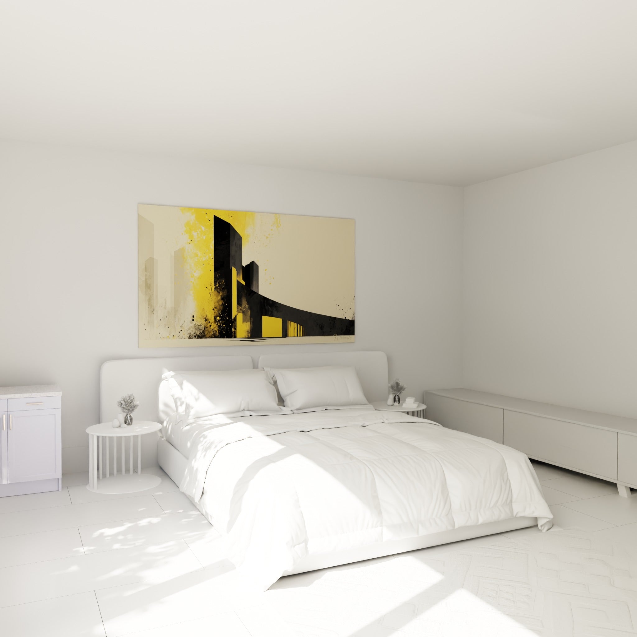 Tour architecturale anthracite et jaune moutarde accrochée au-dessus d'un lit dans une chambre claire