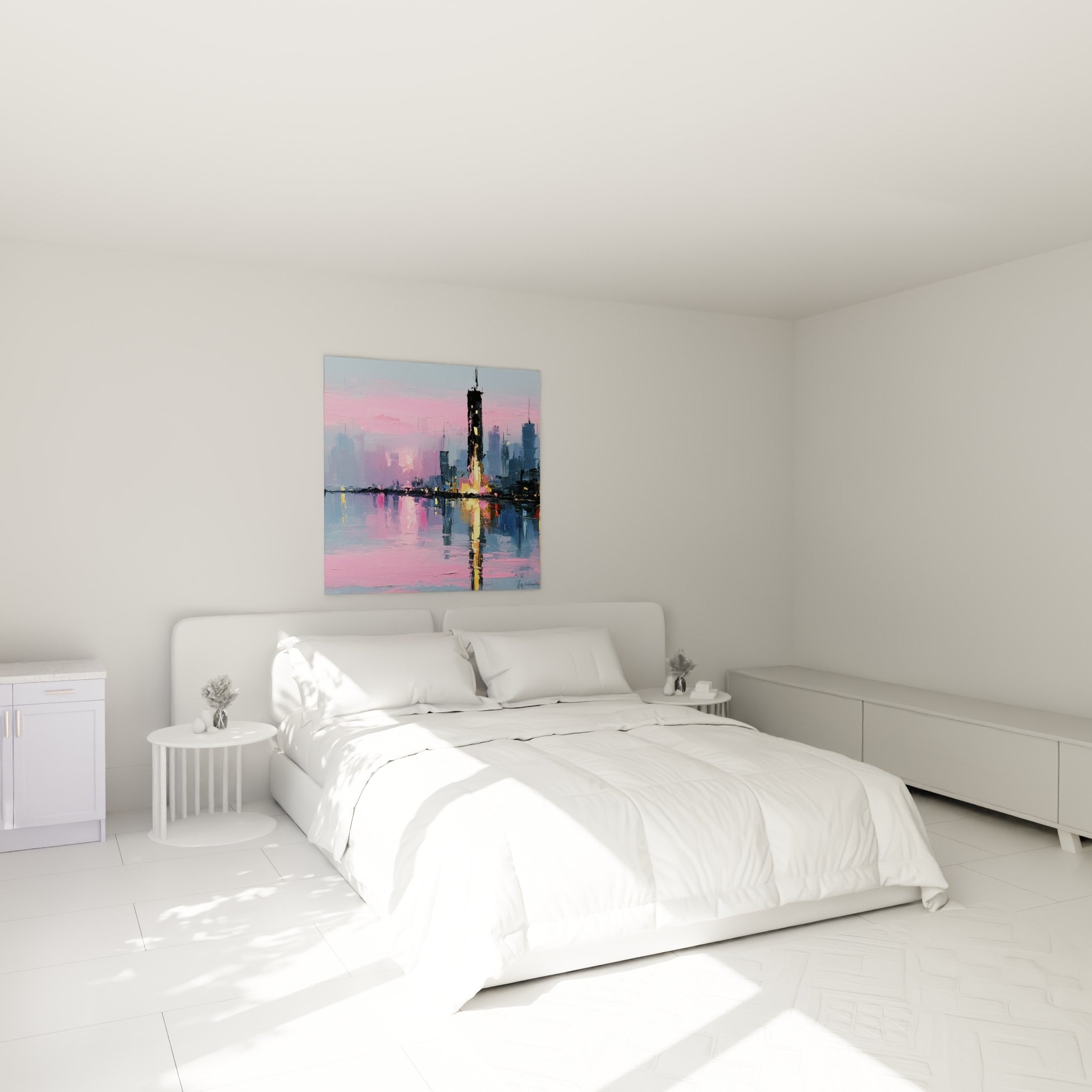 Tour urbaine rose et anthracite, tableau architecture abstrait au-dessus d'un lit dans une chambre claire