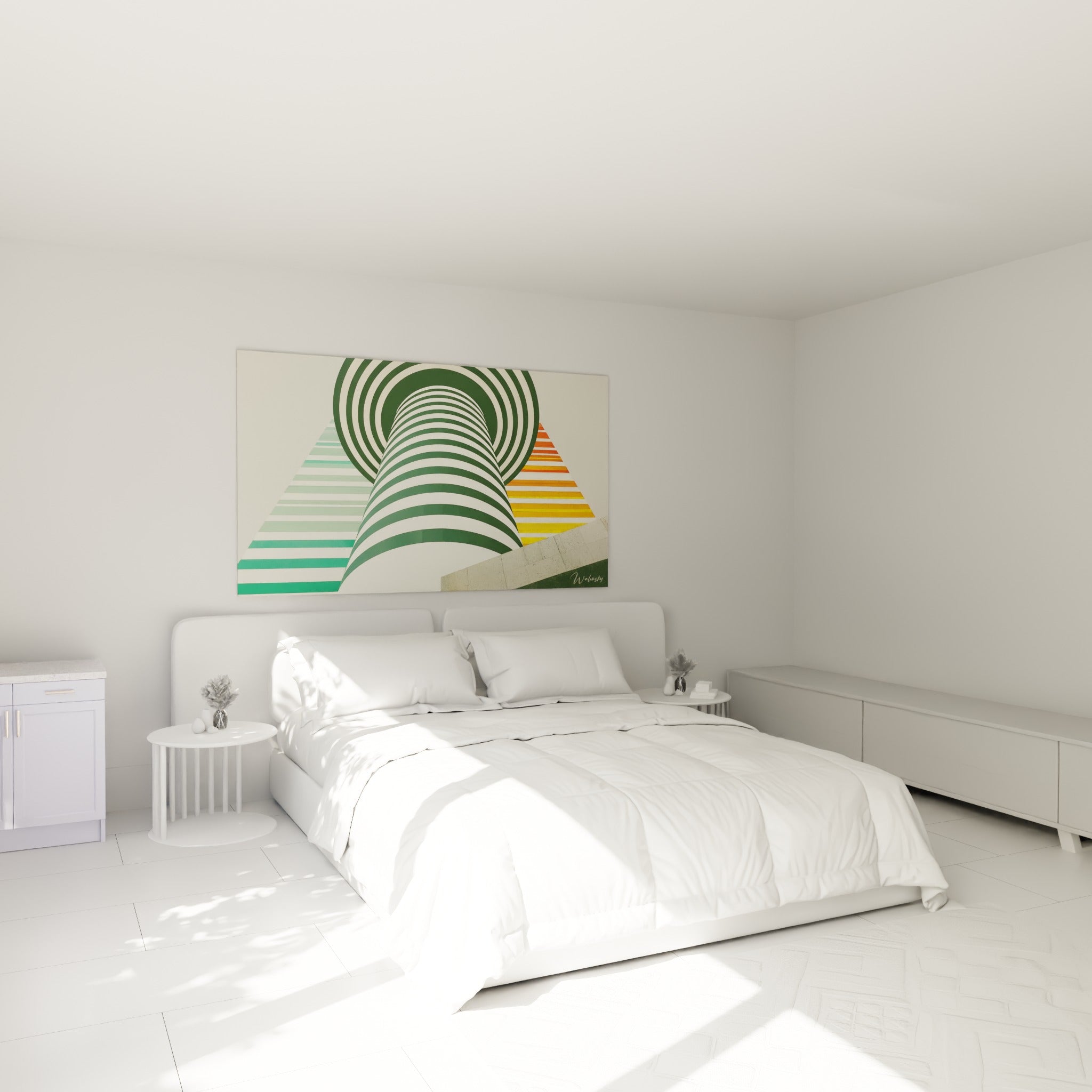 Spirale vert sapin et jaune moutarde d'architecture abstraite, au-dessus d'un lit dans une chambre claire