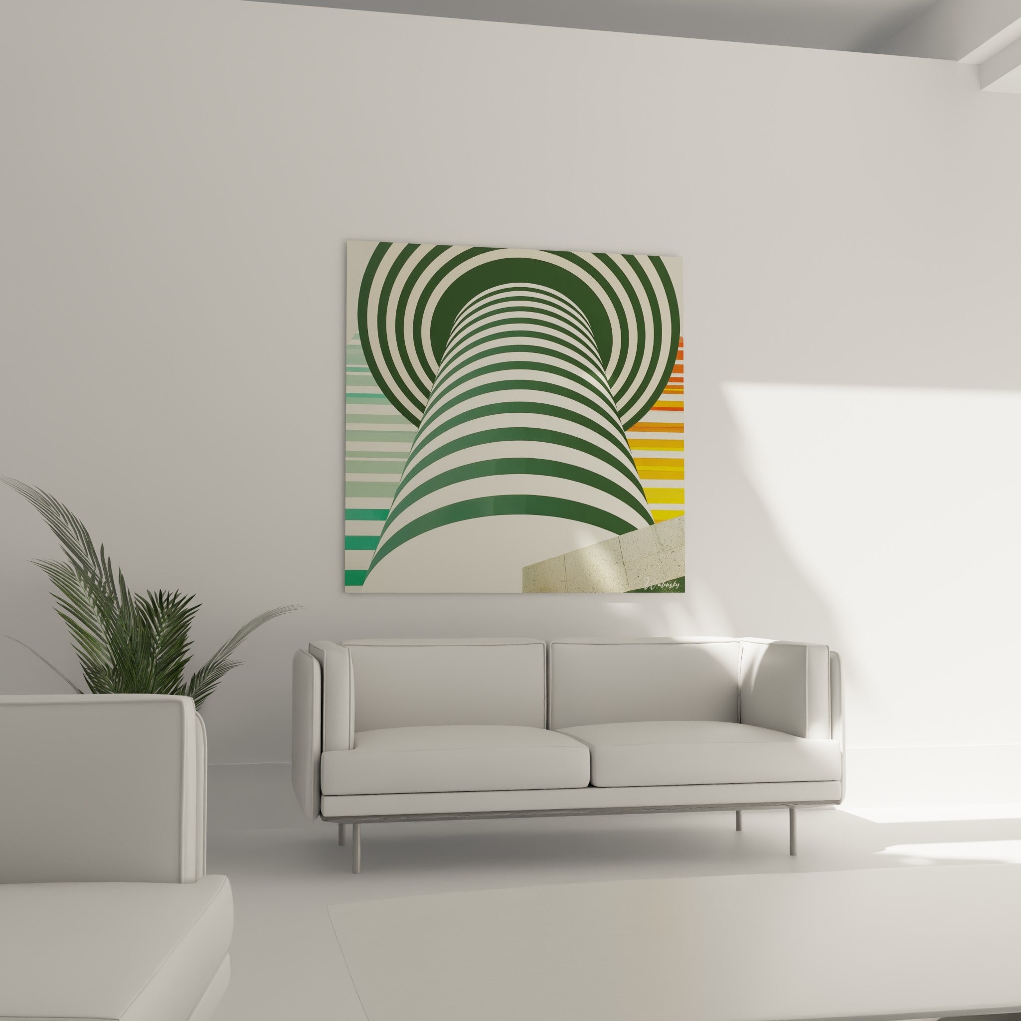 Tour cylindrique verte et blanche, tableau architecture abstrait au-dessus d'un canapé dans un salon lumineux