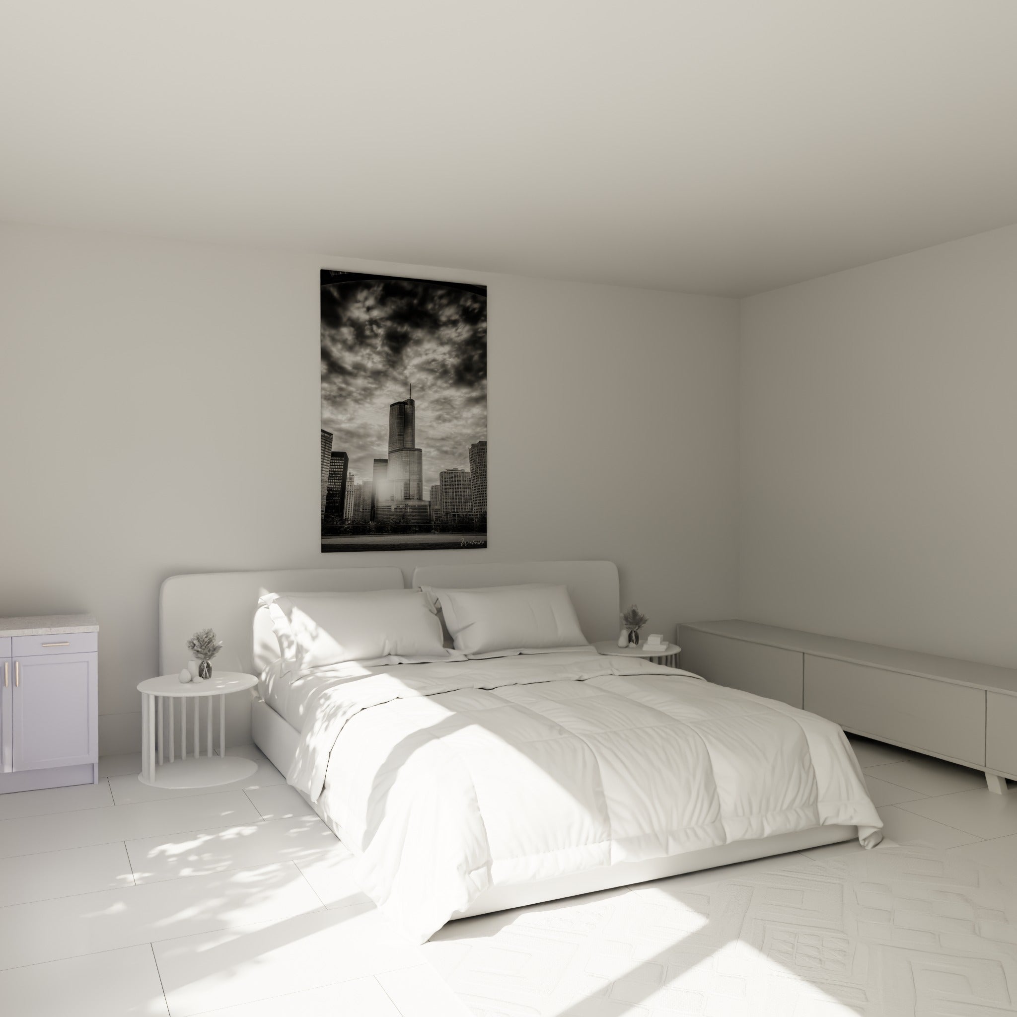 Gratte-ciel noir et blanc percé de lumière, accroché au-dessus d'un lit dans une chambre claire