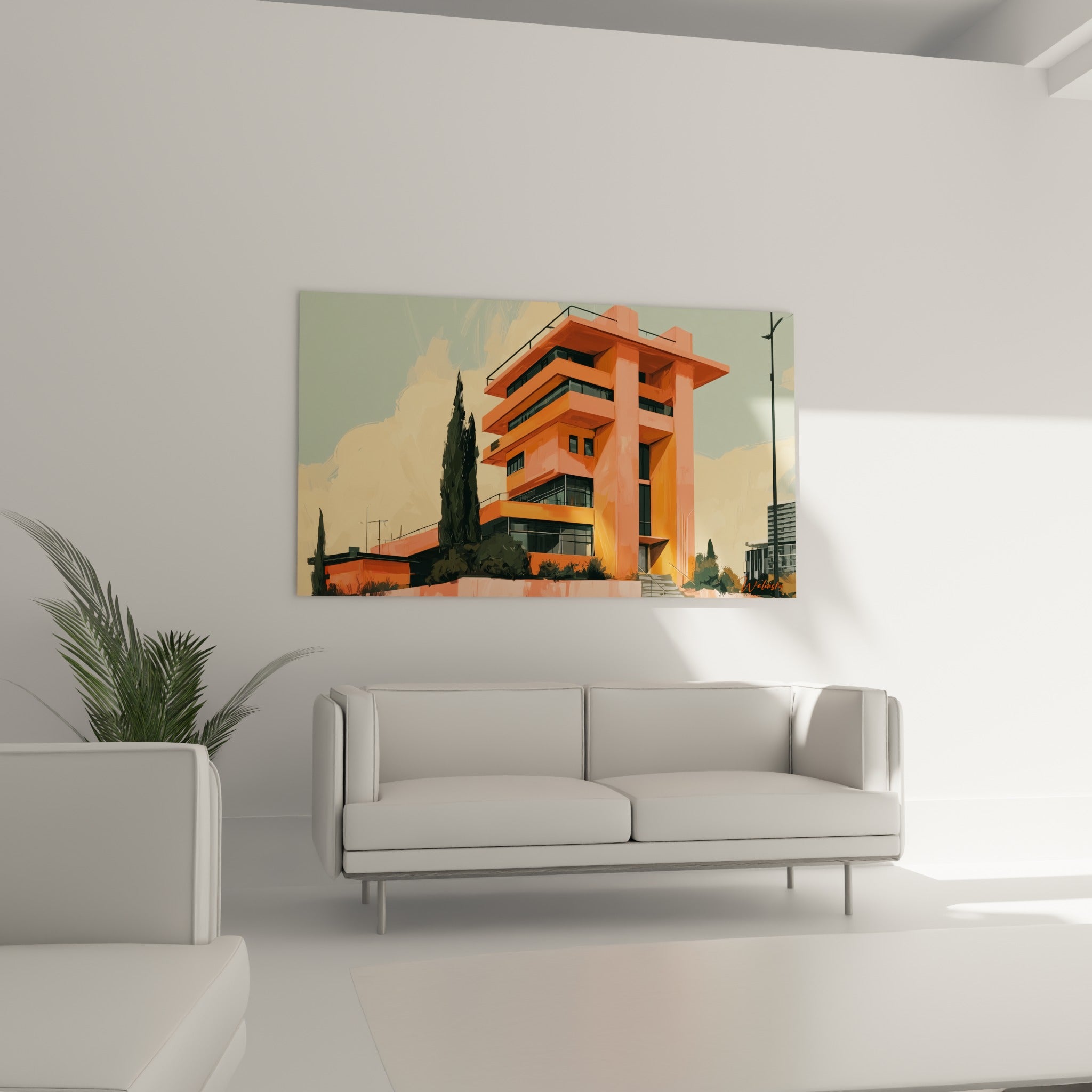 Tour orange et terracotta aux volumes suspendus, au-dessus d'un canapé dans un salon lumineux