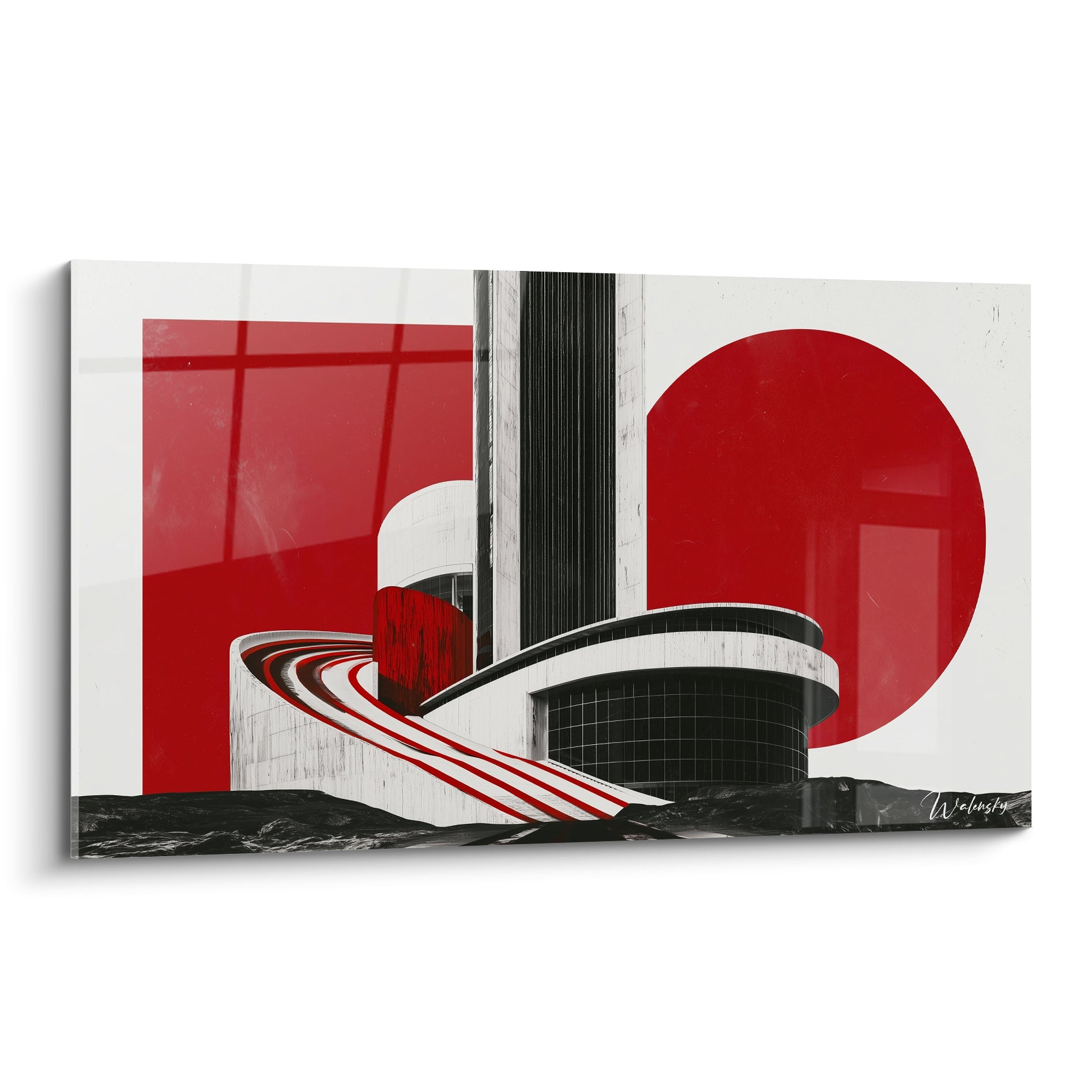 Tableau architecture abstrait, tour noire et blanche, disque rouge carmin, spirale au sol