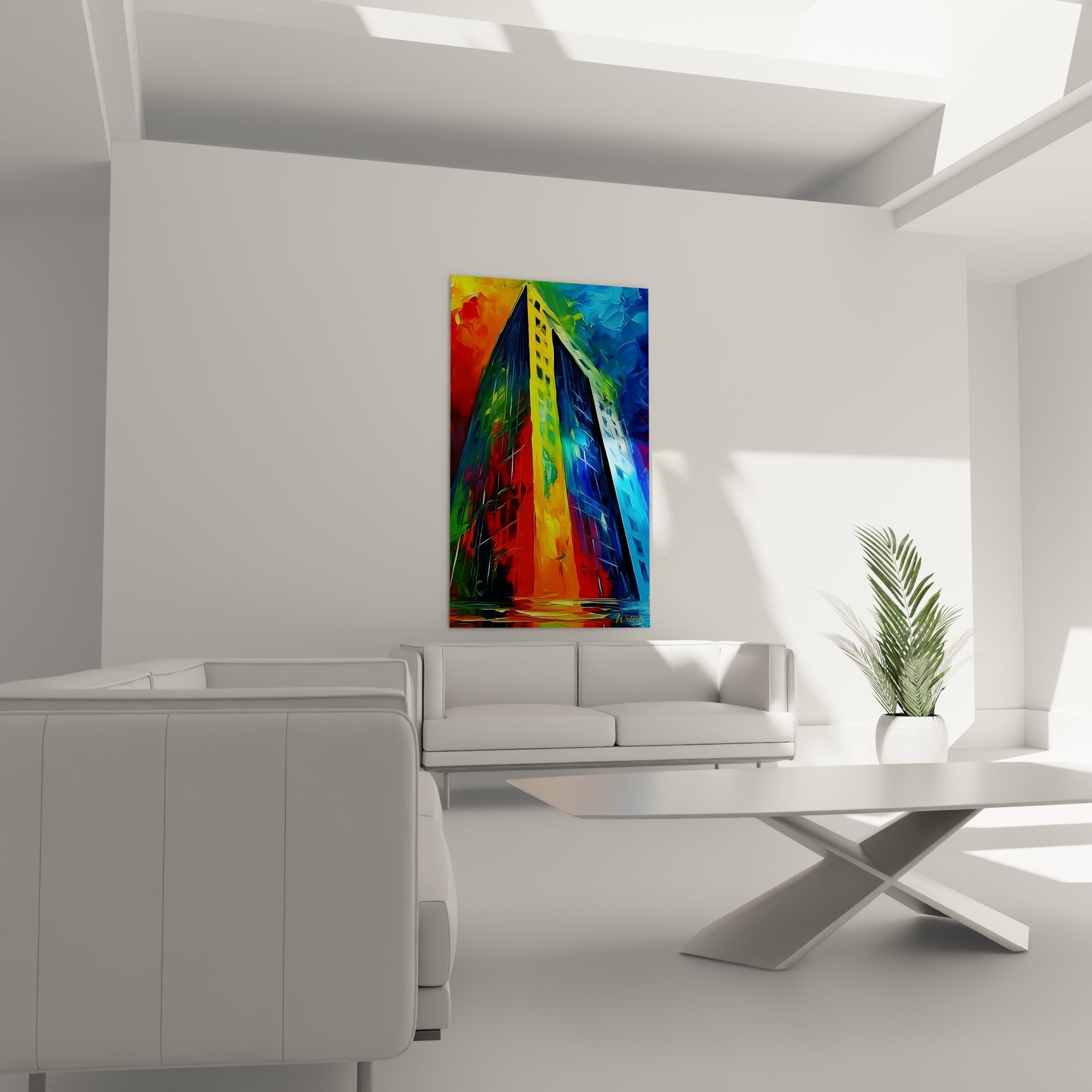 Tour urbaine aux couleurs vertes et orangées, disposée au-dessus d'un canapé dans un salon lumineux