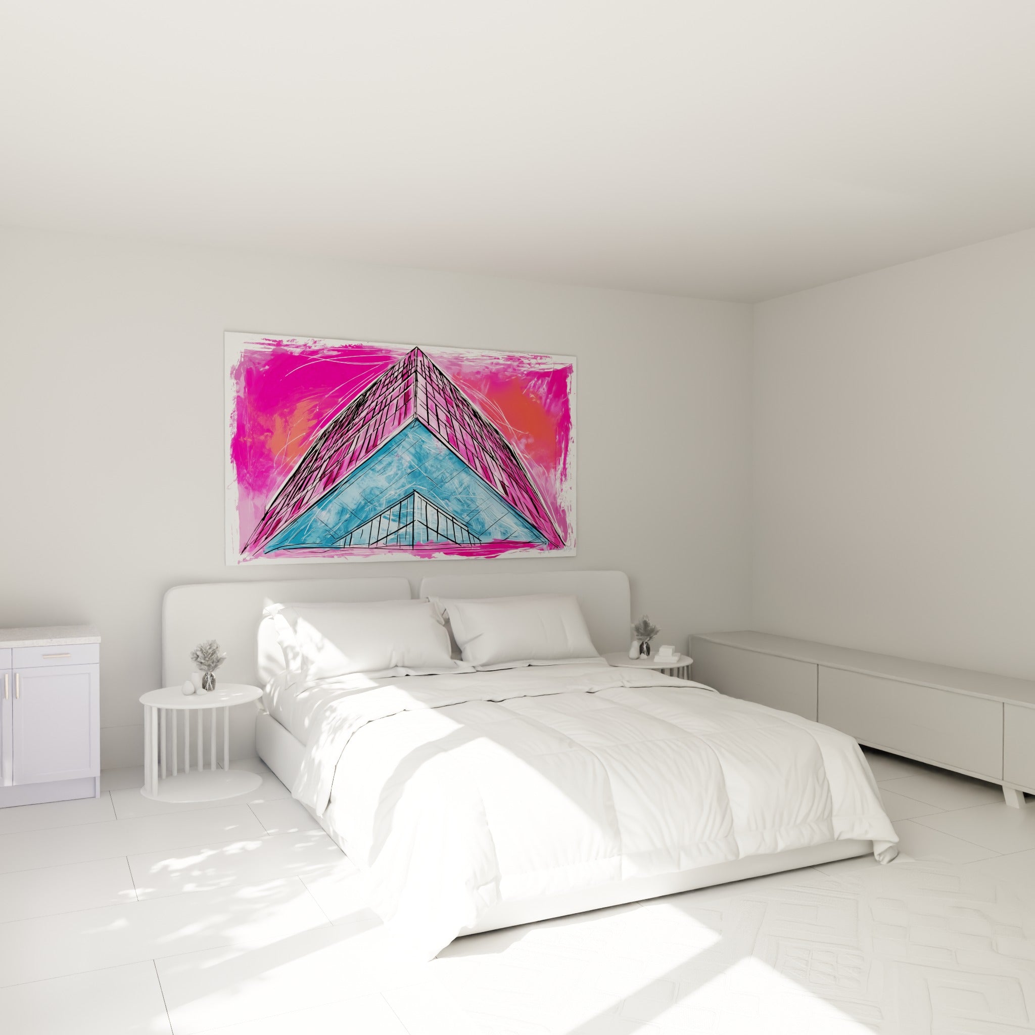 Tour vitrée fuchsia et bleu pastel de ce tableau architecture abstrait, accrochée au-dessus d'un lit dans une chambre claire