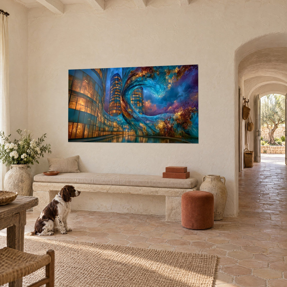 Quadro torri di vetro con finestre ambrate e spirale azzurra, parete crema, casolare provenzale con uno spaniel seduto accanto a una panca