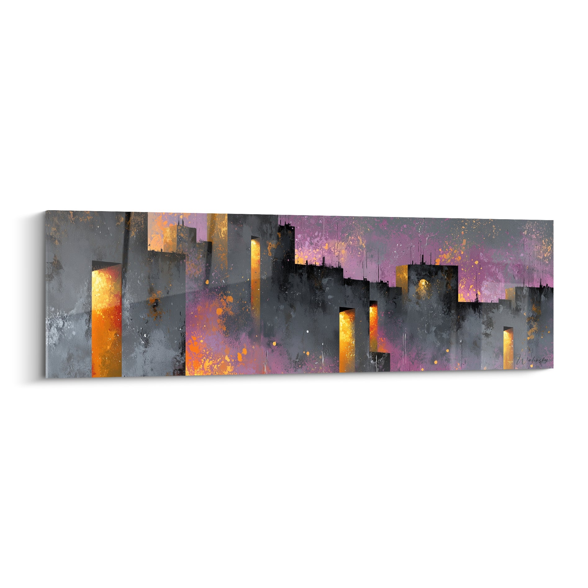 Tours anthracite et fenêtres dorées composent ce tableau architecture abstrait sur fond violet crépusculaire