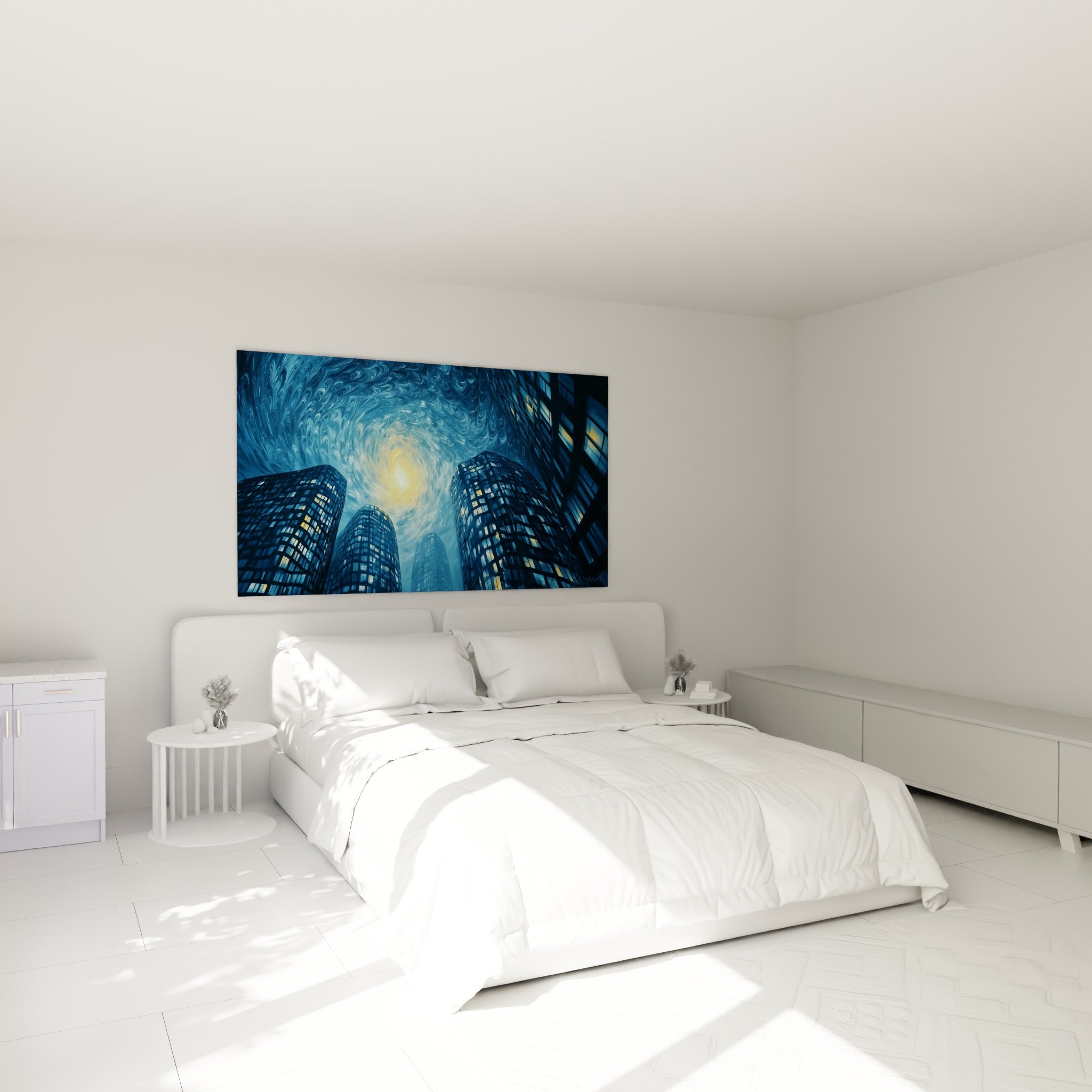 Tours anthracite et lumière dorée tourbillonnante, tableau architecture abstraite au-dessus d'un lit dans une chambre claire