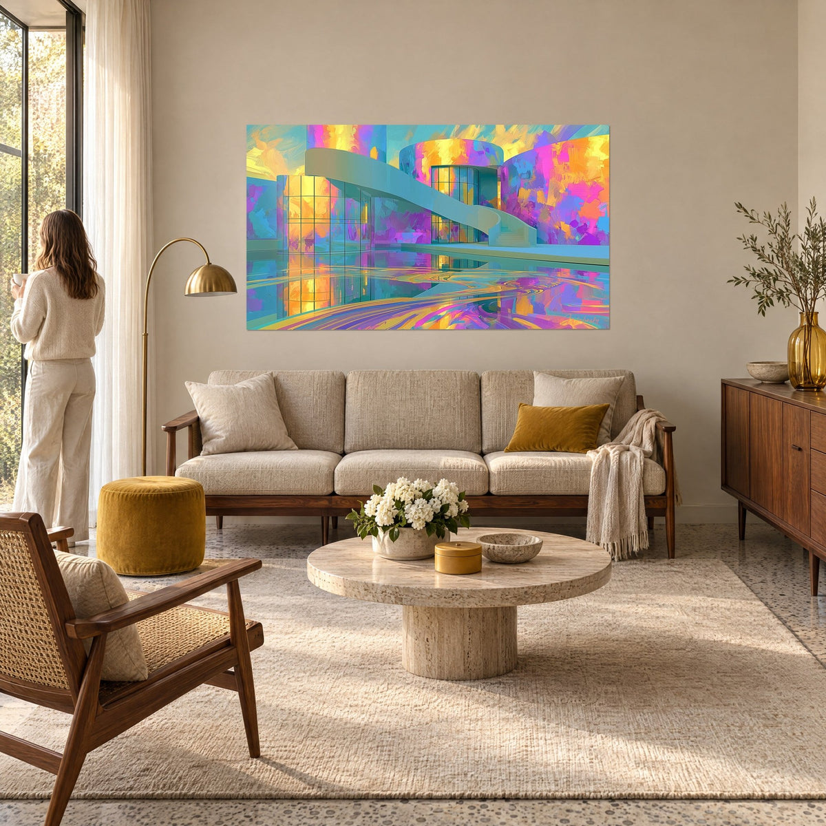 Schilderij futuristisch gebouw met oranje en paarse gevels, gebogen trap over het water, boven een bank in een lichte woonkamer