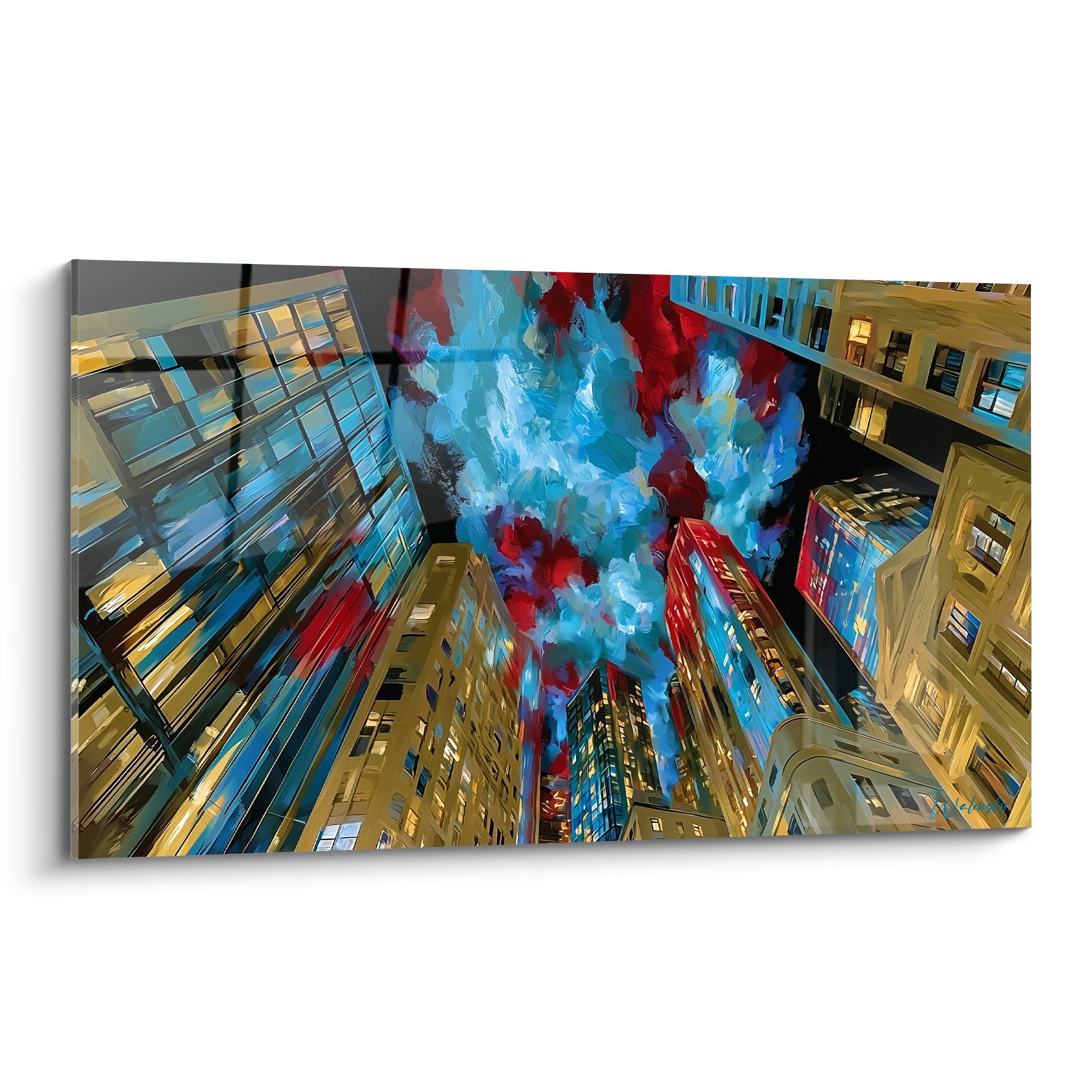 Tours dorées et ciel bleu rouge en perspective, tableau architecture abstrait aux empâtements vibrants