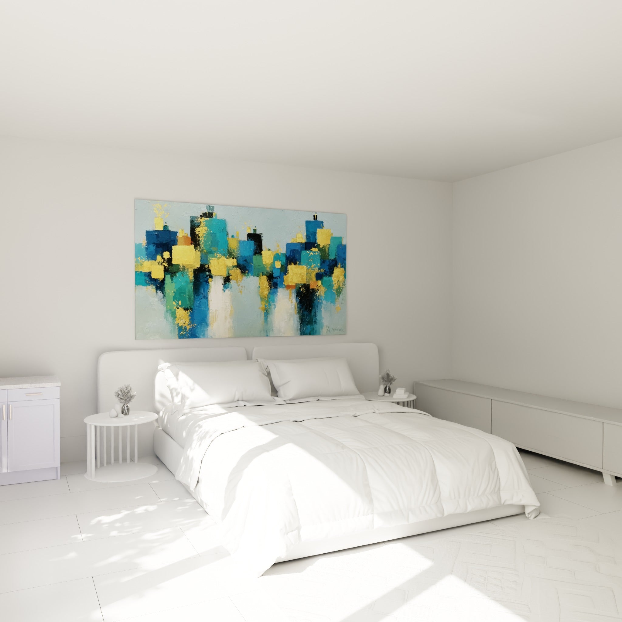 Immeubles dorés et bleu marine peints au couteau, au-dessus d'un lit dans une chambre claire