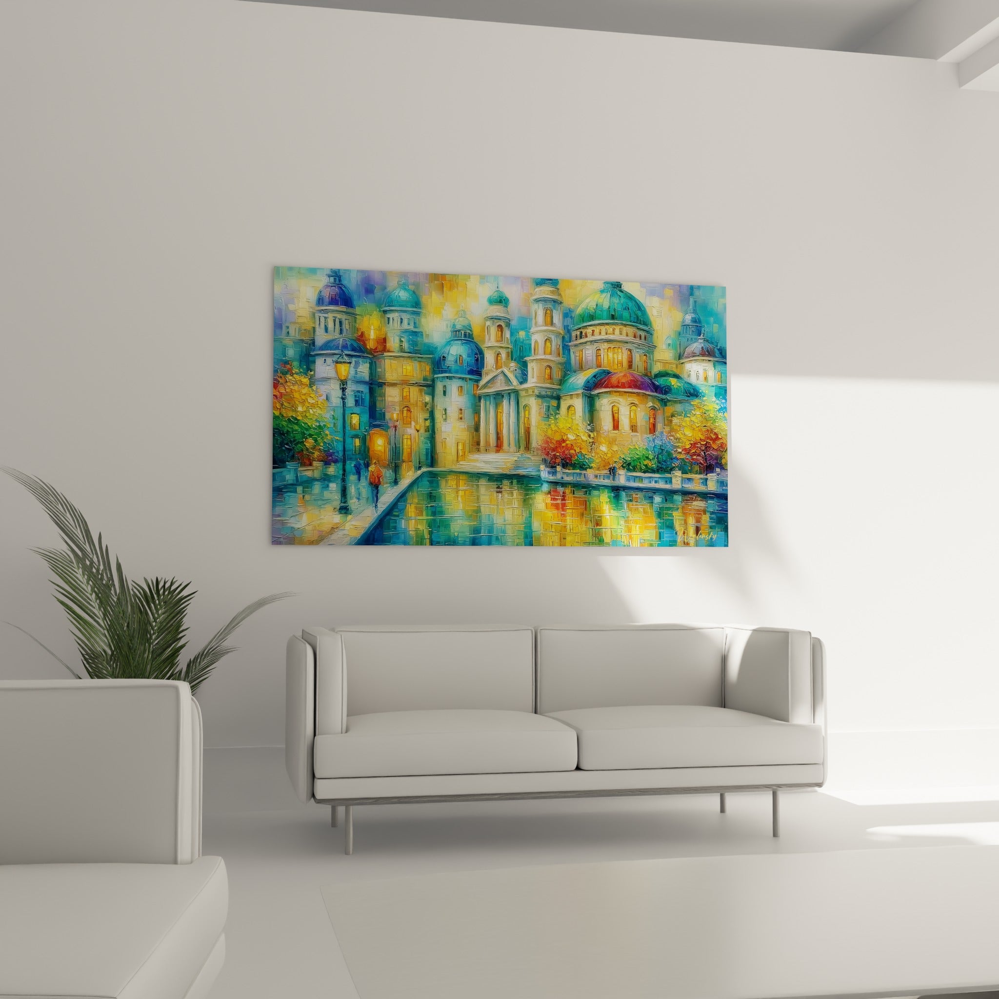 Tours illuminées et canal scintillant en bleu marine et or, disposés au-dessus d'un canapé dans un salon lumineux