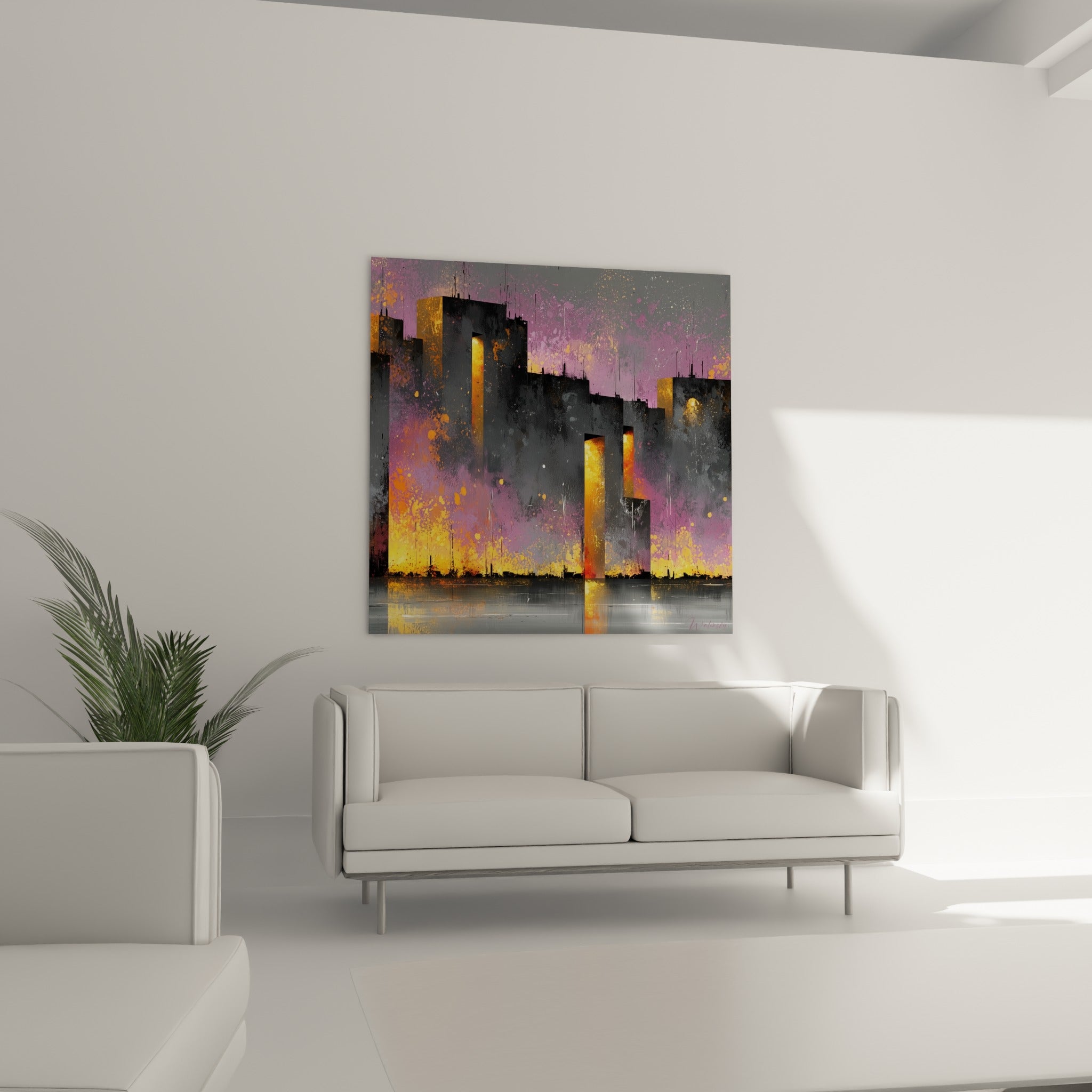 Gratte-ciel incandescents en orange et violet de cette œuvre au-dessus d'un canapé dans un salon lumineux
