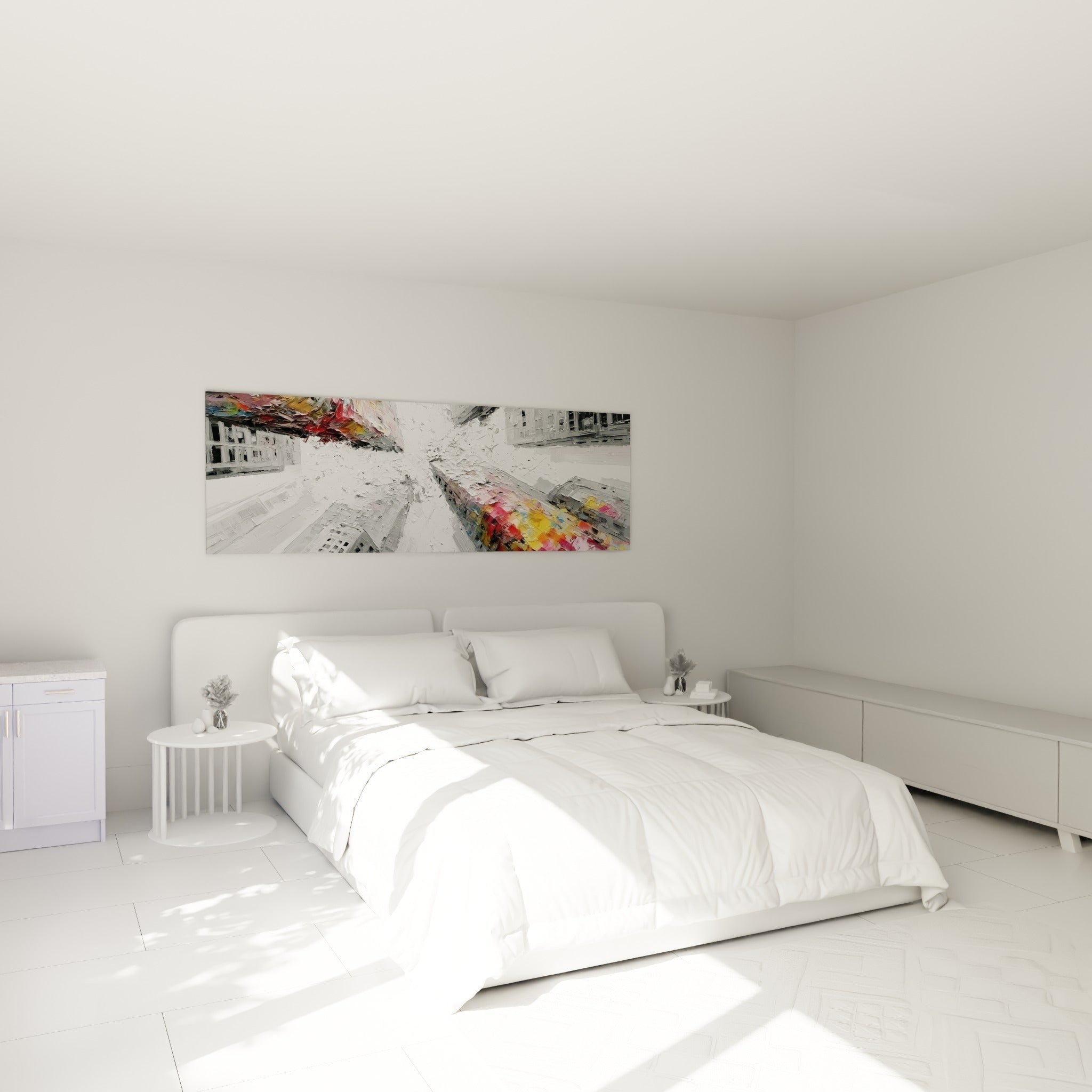 Tours urbaines grises et roses vues d'en bas, tableau architecture abstrait au-dessus d'un lit dans une chambre claire