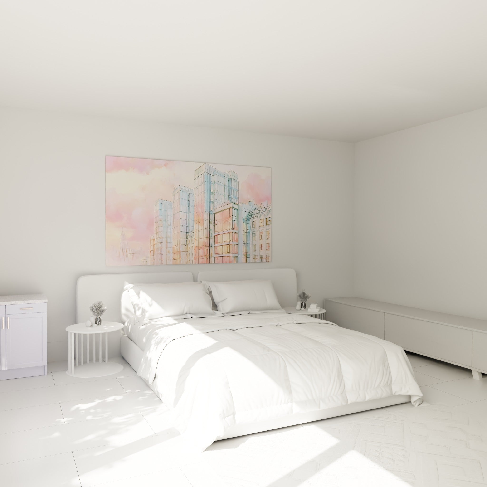 Tours de verre rose poudré et bleu pastel accrochées au-dessus d'un lit dans une chambre claire