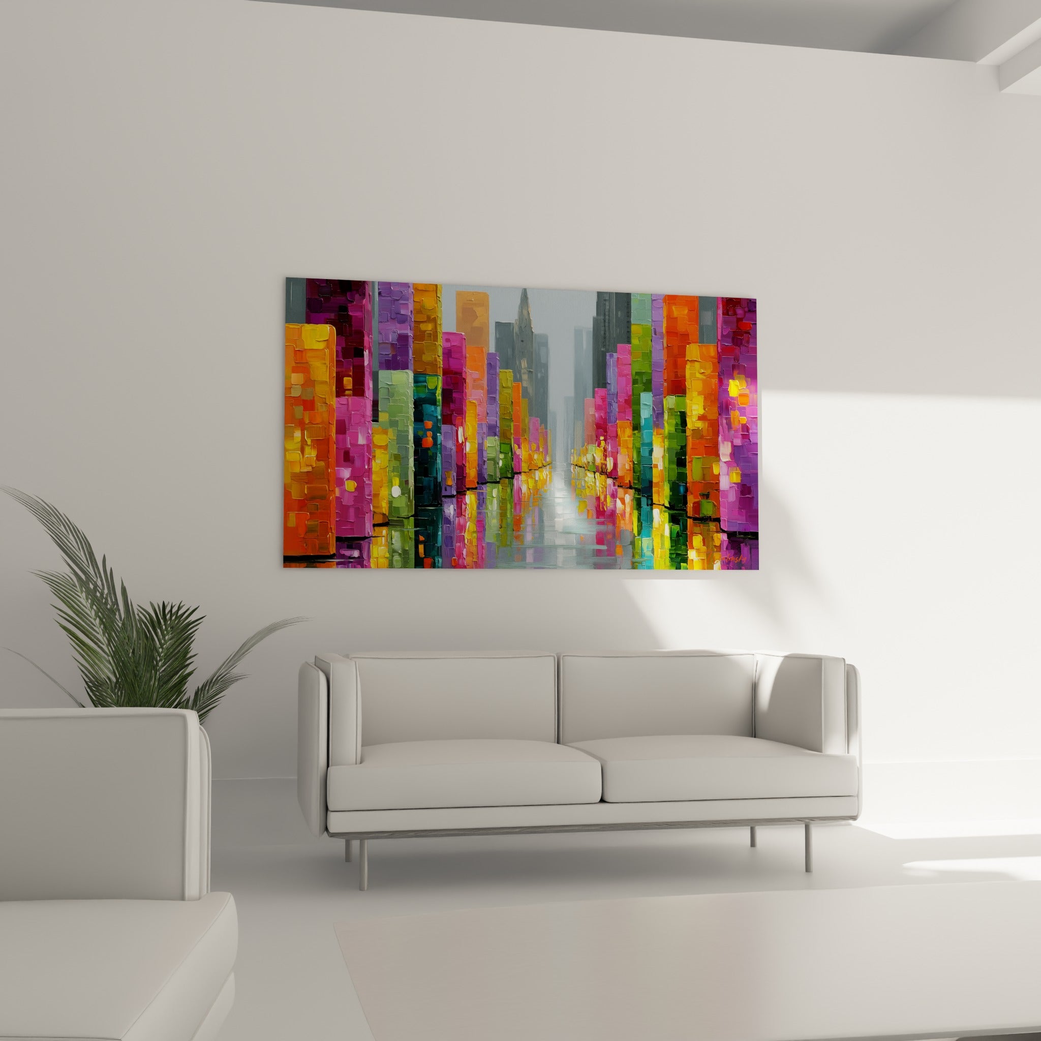 Tours violettes et turquoise se reflétant sur un sol humide, disposées au-dessus d'un canapé dans un salon lumineux