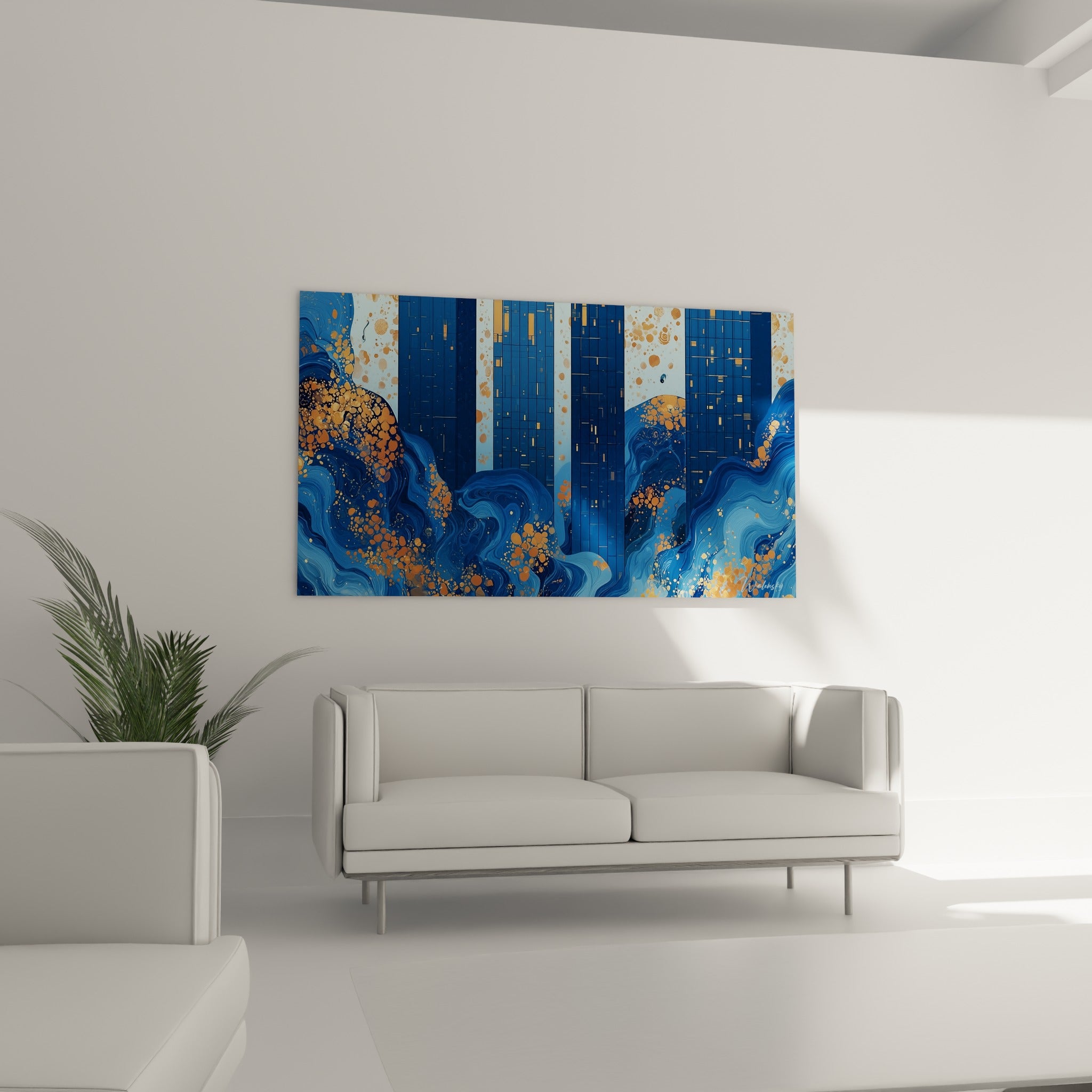 Immeubles bleu marine noyés sous des éclats dorés en mouvement, installés au-dessus d'un canapé dans un salon lumineux.