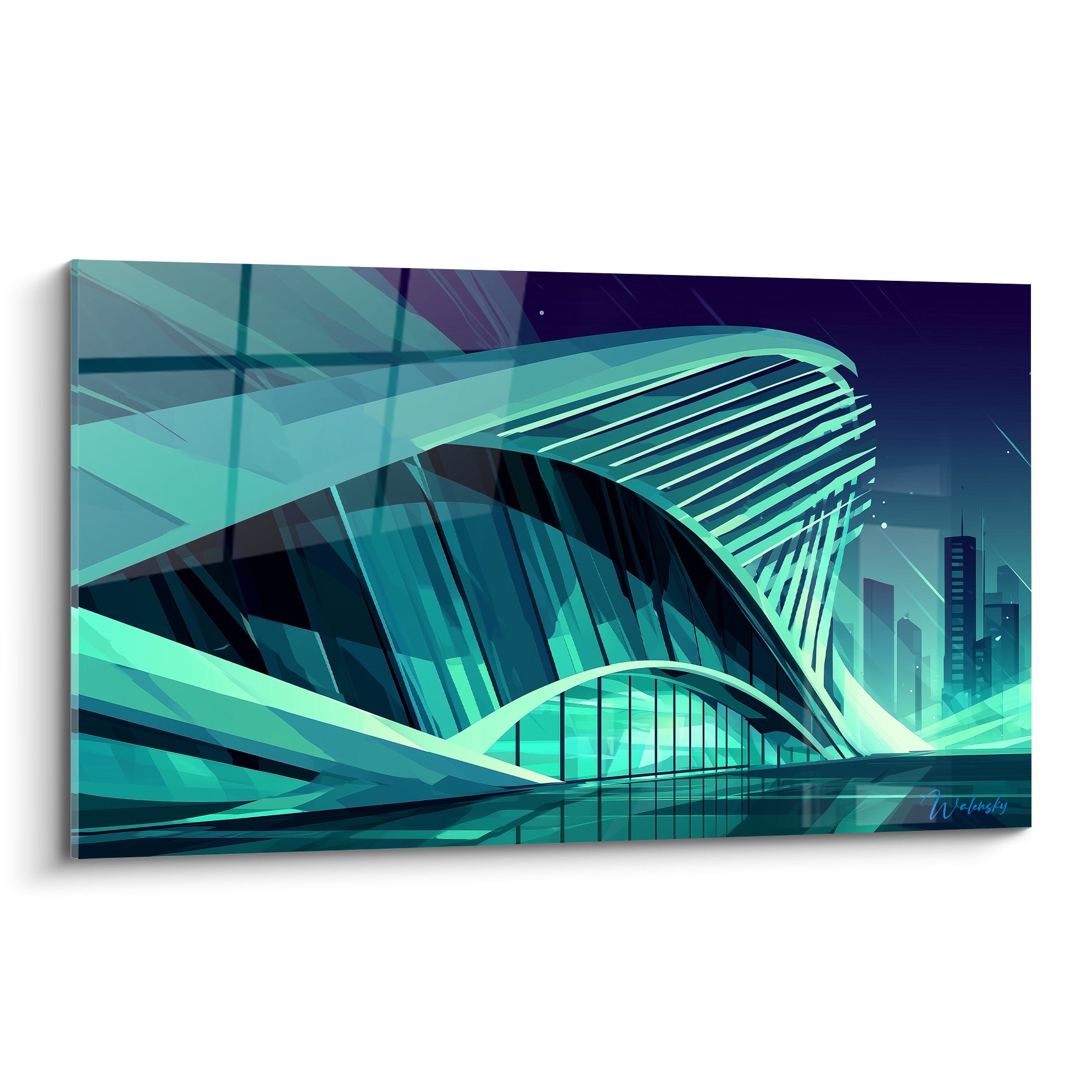 Structure architecturale turquoise et indigo aux courbes futuristes sous une pluie nocturne urbaine