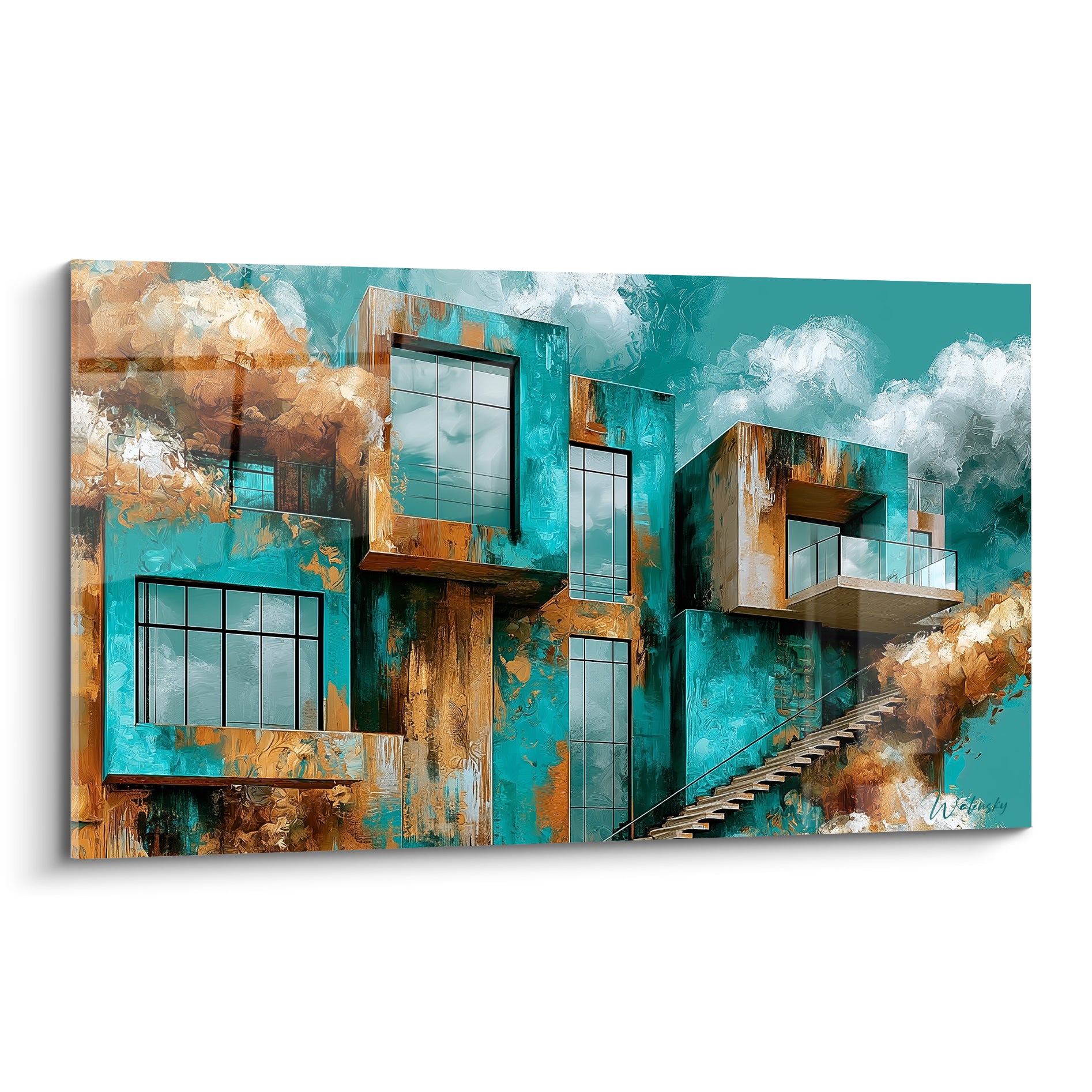 Bâtiment cubiste architecture abstraite en turquoise et cuivre, façades éclatées entourées de nuages blancs