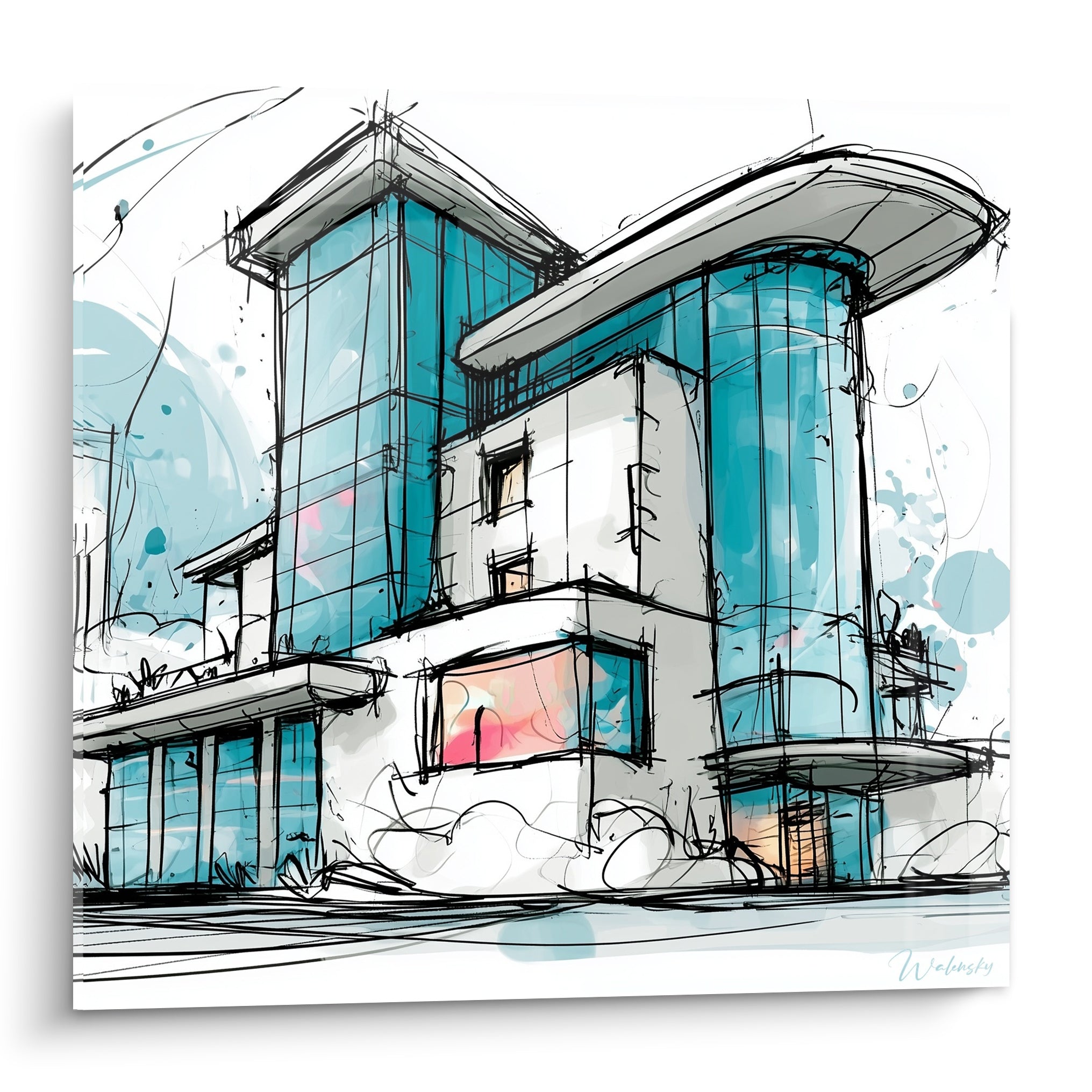 Bâtiment esquissé turquoise et blanc au trait noir vif, fenêtre rose corail centrale, style aquarelle graphique