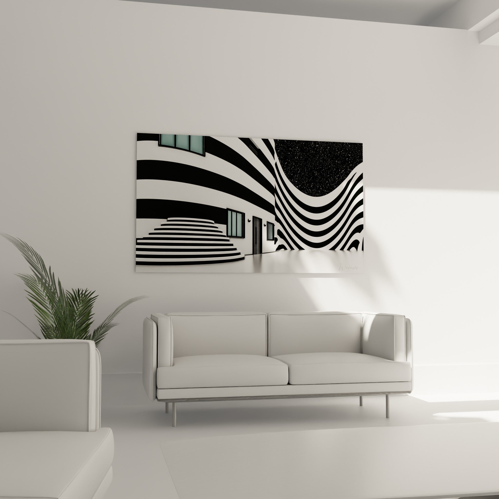 Rayures ondulantes noires et blanches au-dessus d'un canapé dans un salon lumineux, tableau architecture abstrait
