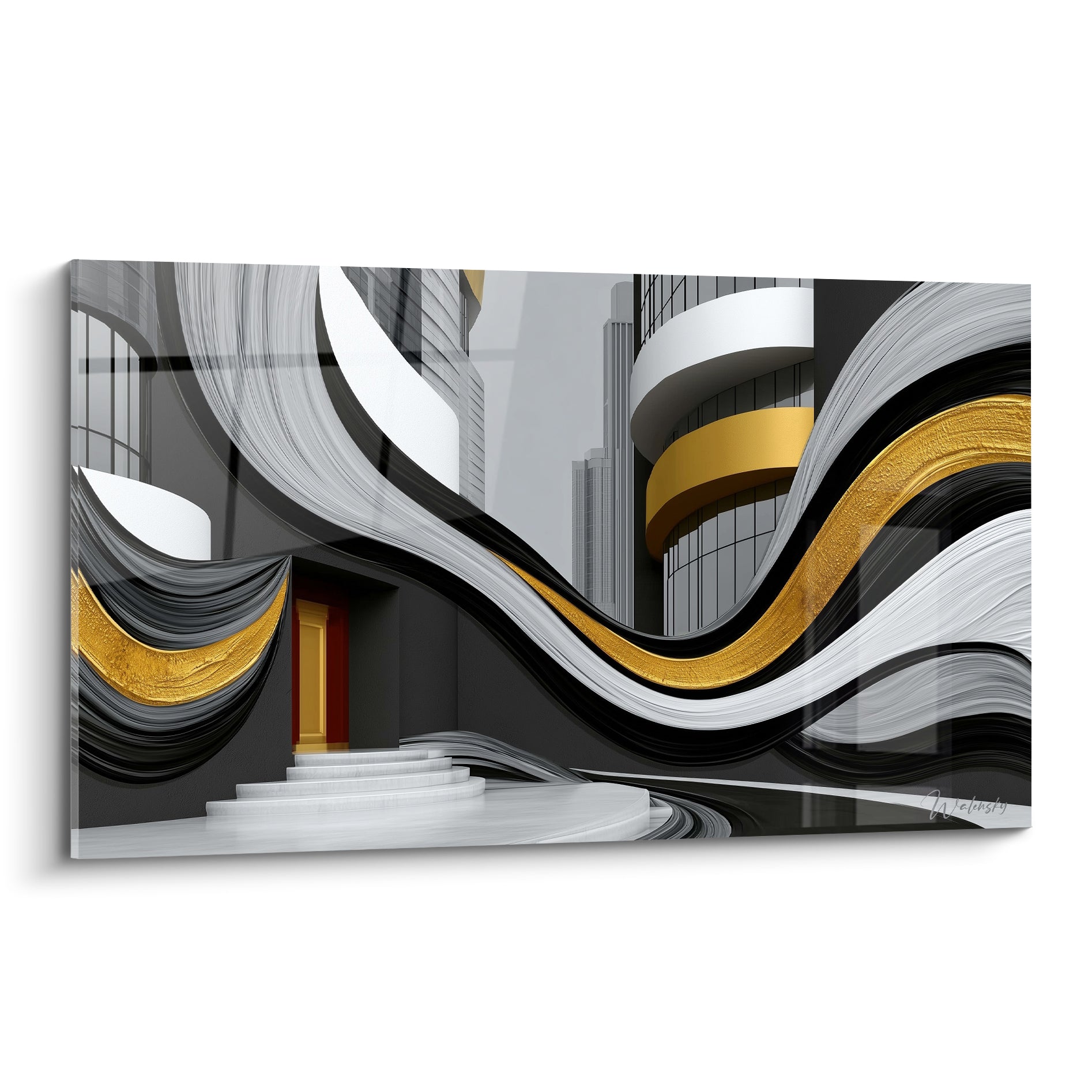 Architecture abstrait aux vagues grises et dorées entourant des gratte-ciel et une porte rouge