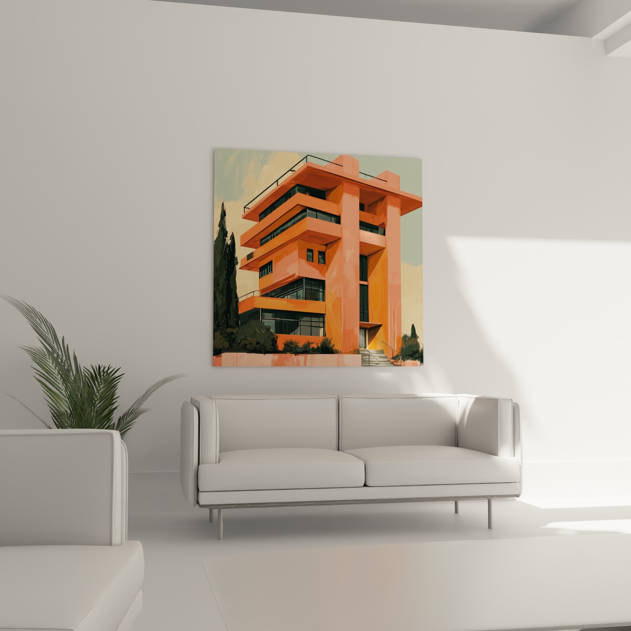 Construction moderniste orange et beige aux terrasses superposées, au-dessus d'un canapé dans un salon lumineux