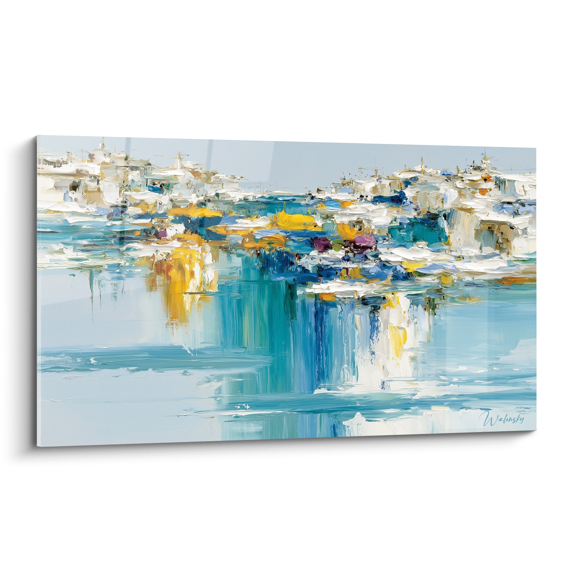 Village côtier architecture abstrait aux touches bleu turquoise et jaune ocre au couteau