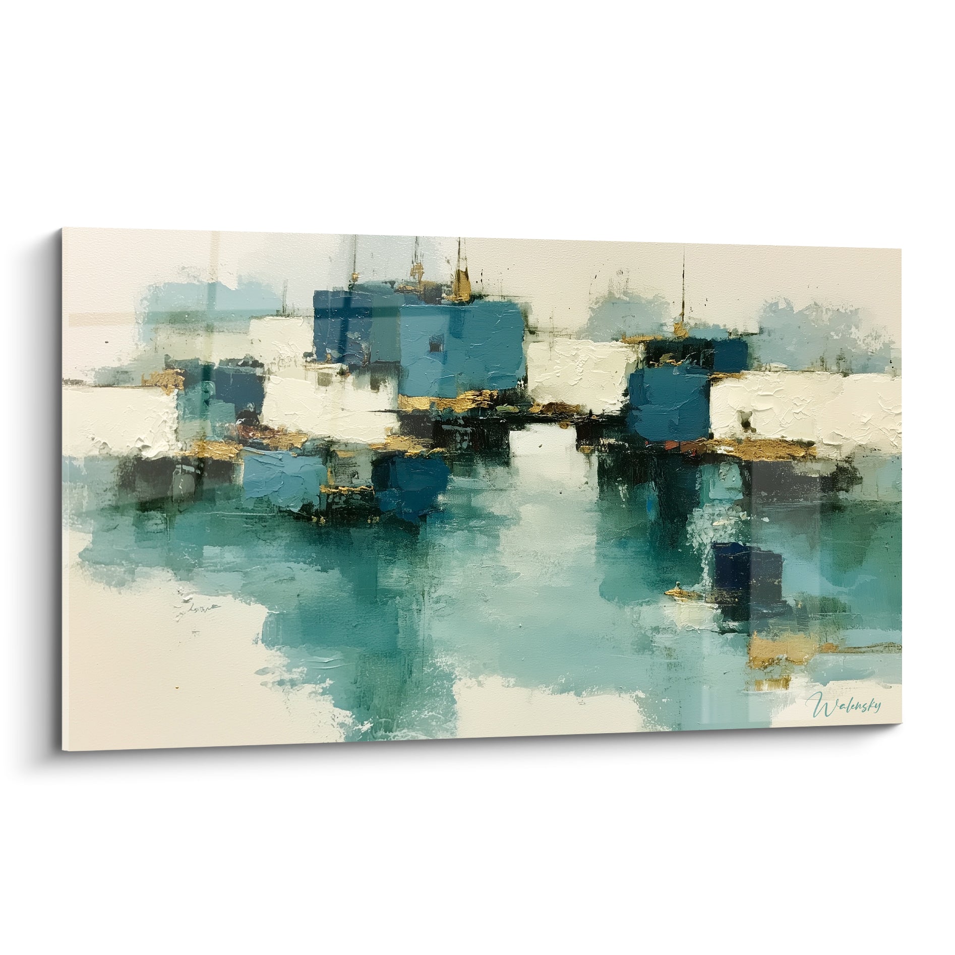 Village lacustre en architecture abstrait, blocs bleu pétrole et ivoire, empâtements dorés sur toile texturée