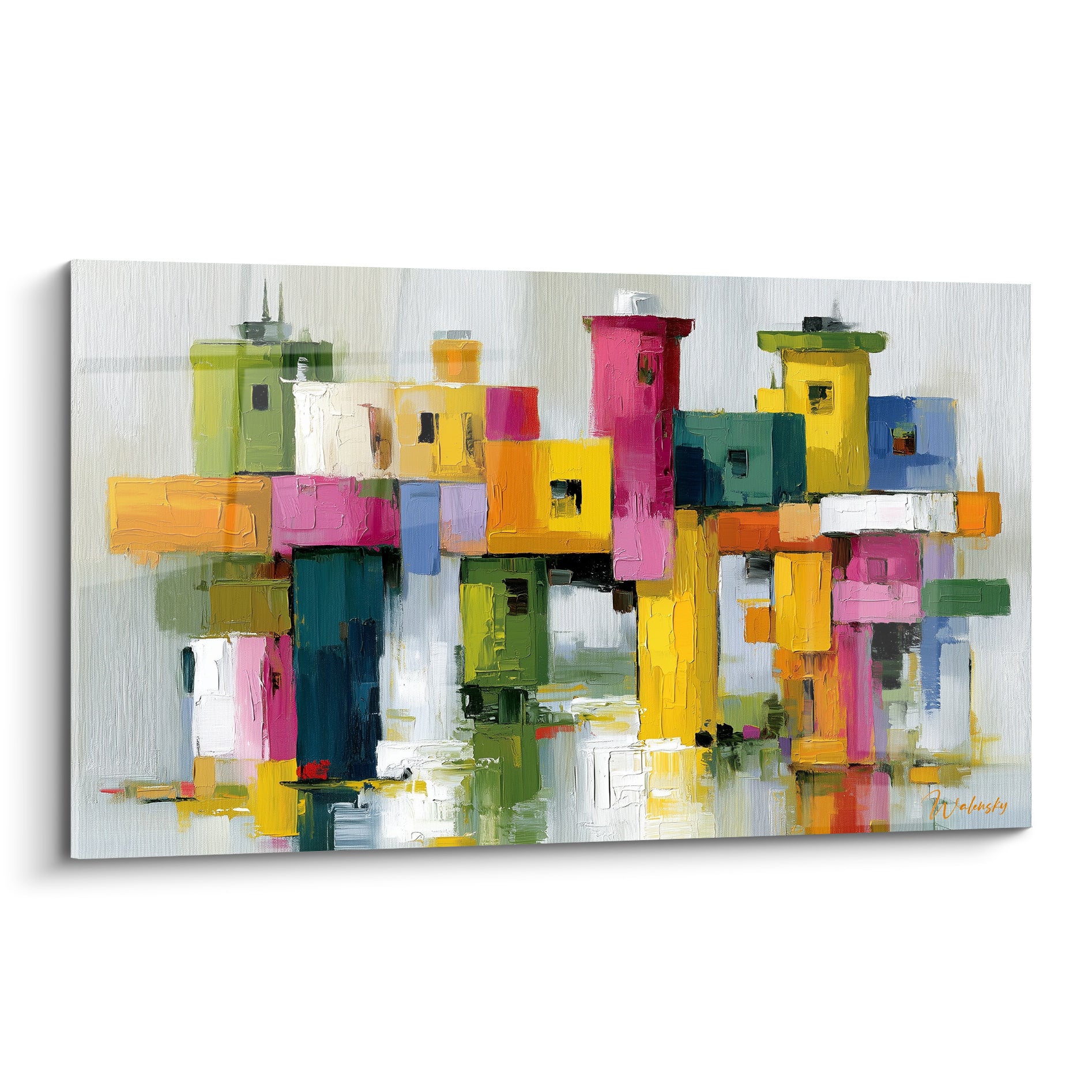 Village architecture abstrait aux blocs roses, jaunes et verts en peinture texturée épaisse