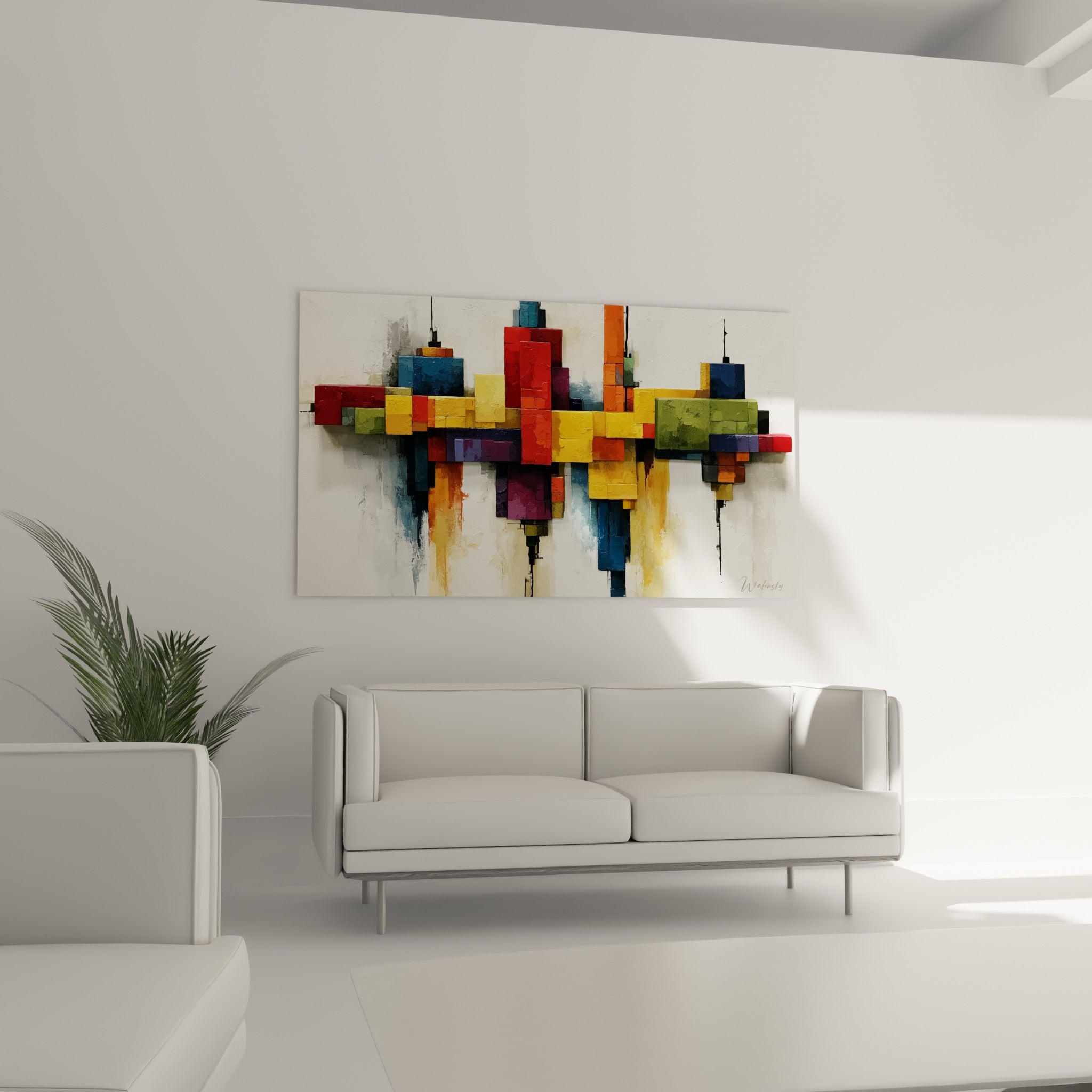 Volumes géométriques rouge et bleu marine évoquant une ville éclatée, au-dessus d'un canapé dans un salon lumineux