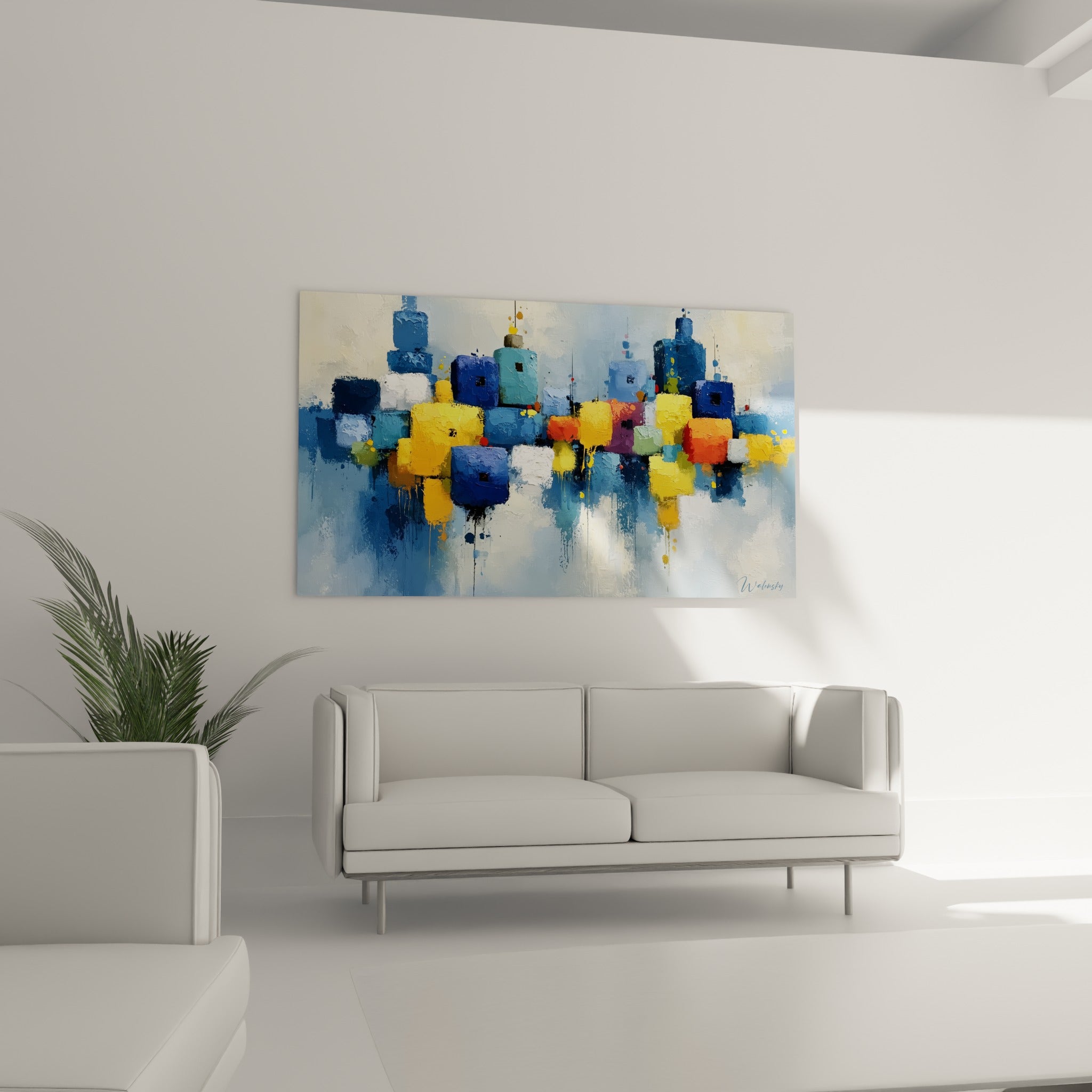 Blocs colorés jaune et bleu pastel évoquant une skyline, tableau architecture abstrait au-dessus d'un canapé dans un salon lumineux
